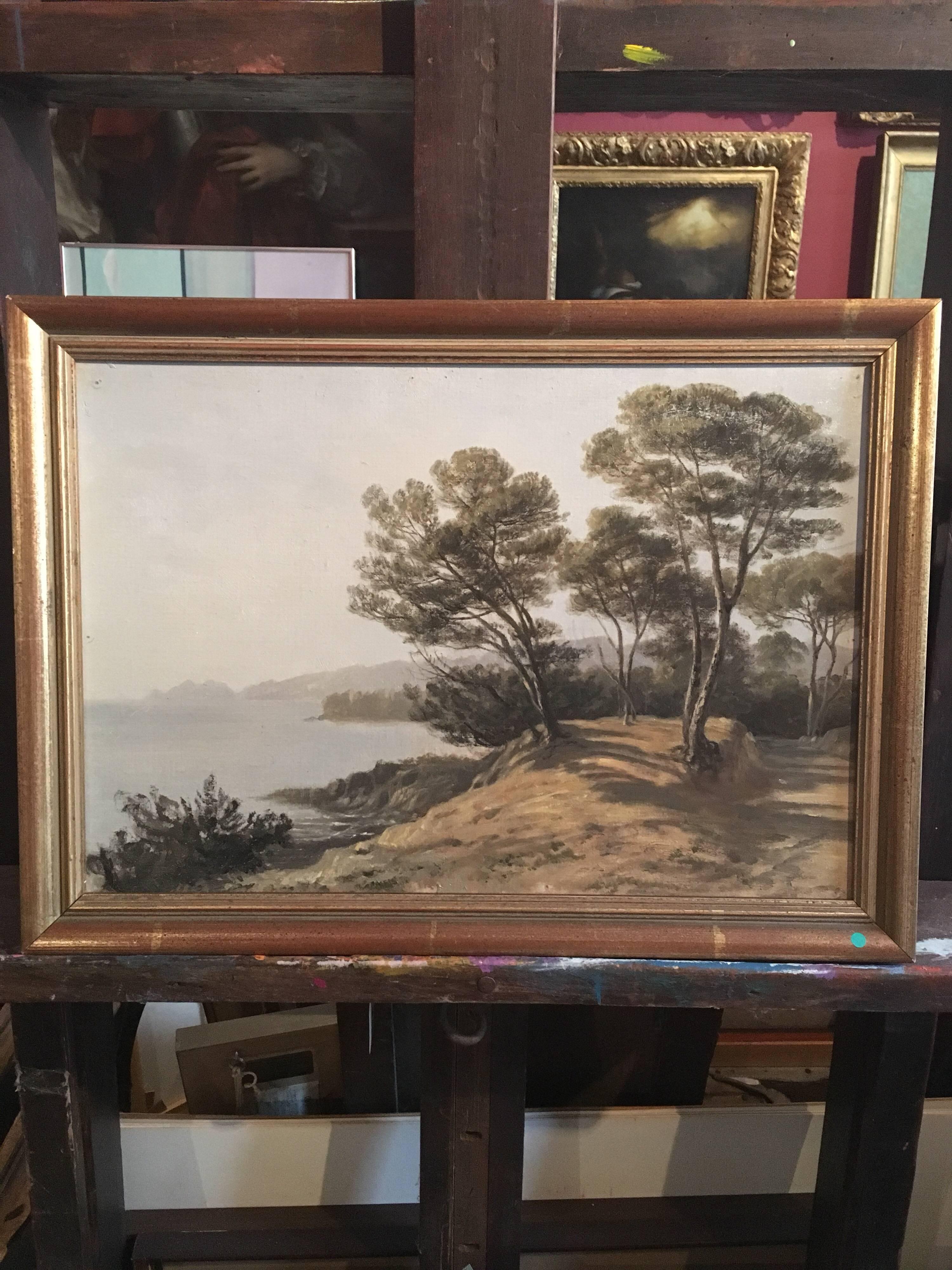 Mediterranean Coastline View 1930’s French Impressionist Oil Painting  - Brown Landscape Painting by Unknown