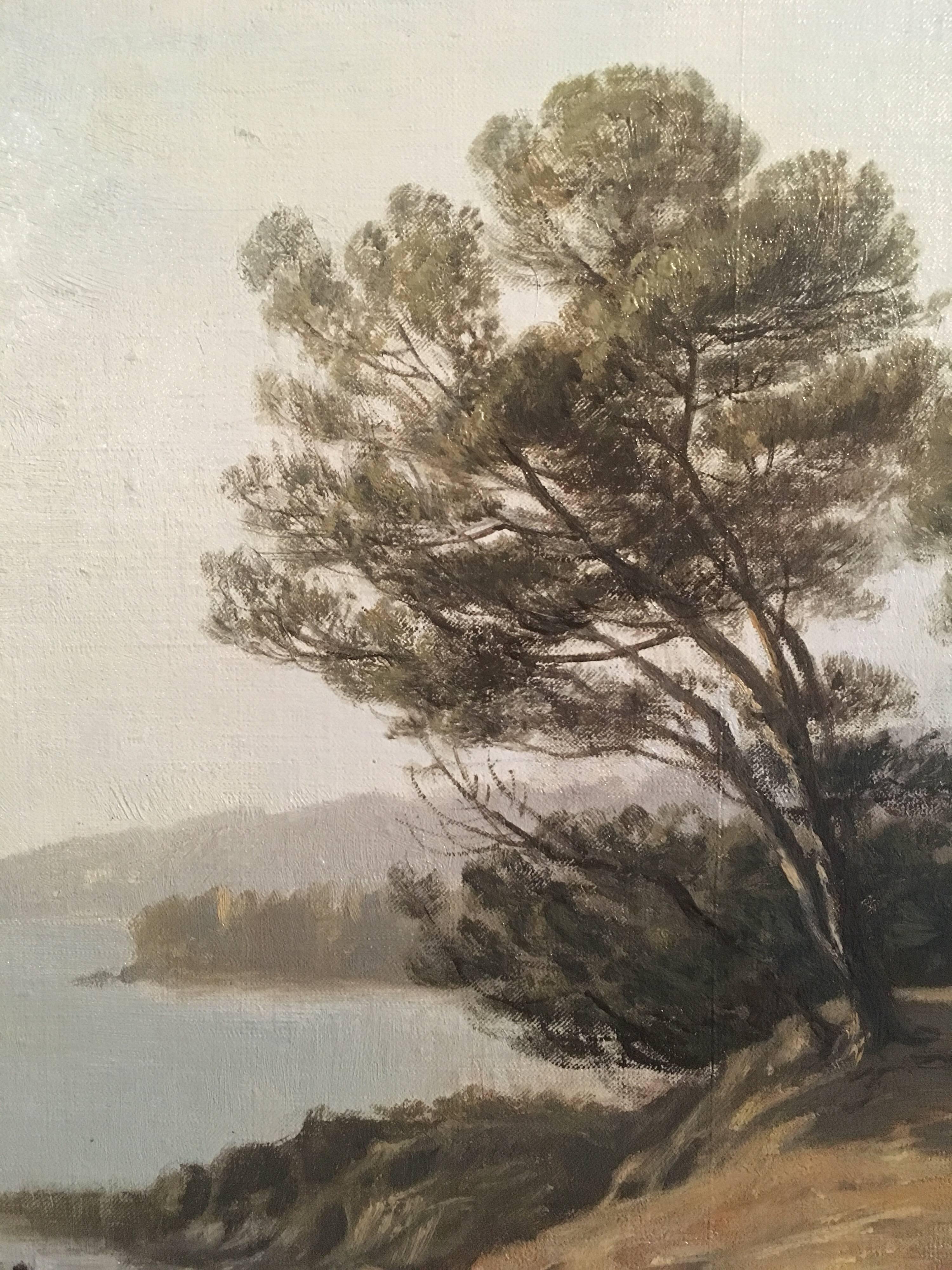 Vue de la côte méditerranéenne Peinture à l'huile impressionniste française des années 1930  - Marron Landscape Painting par Unknown