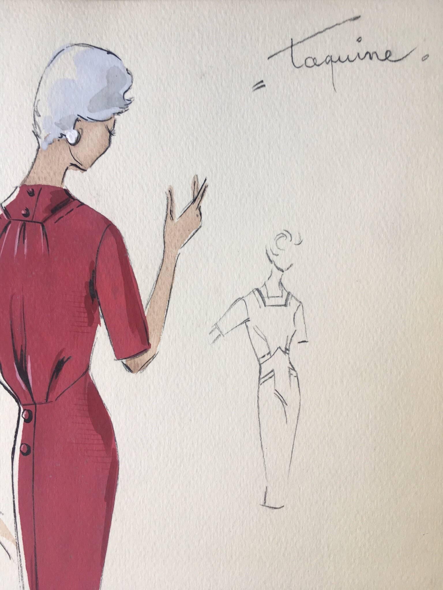 Lady in Elegant 1950's Red Dress Parisian Fashion Illustration Sketch - Art by Unknown