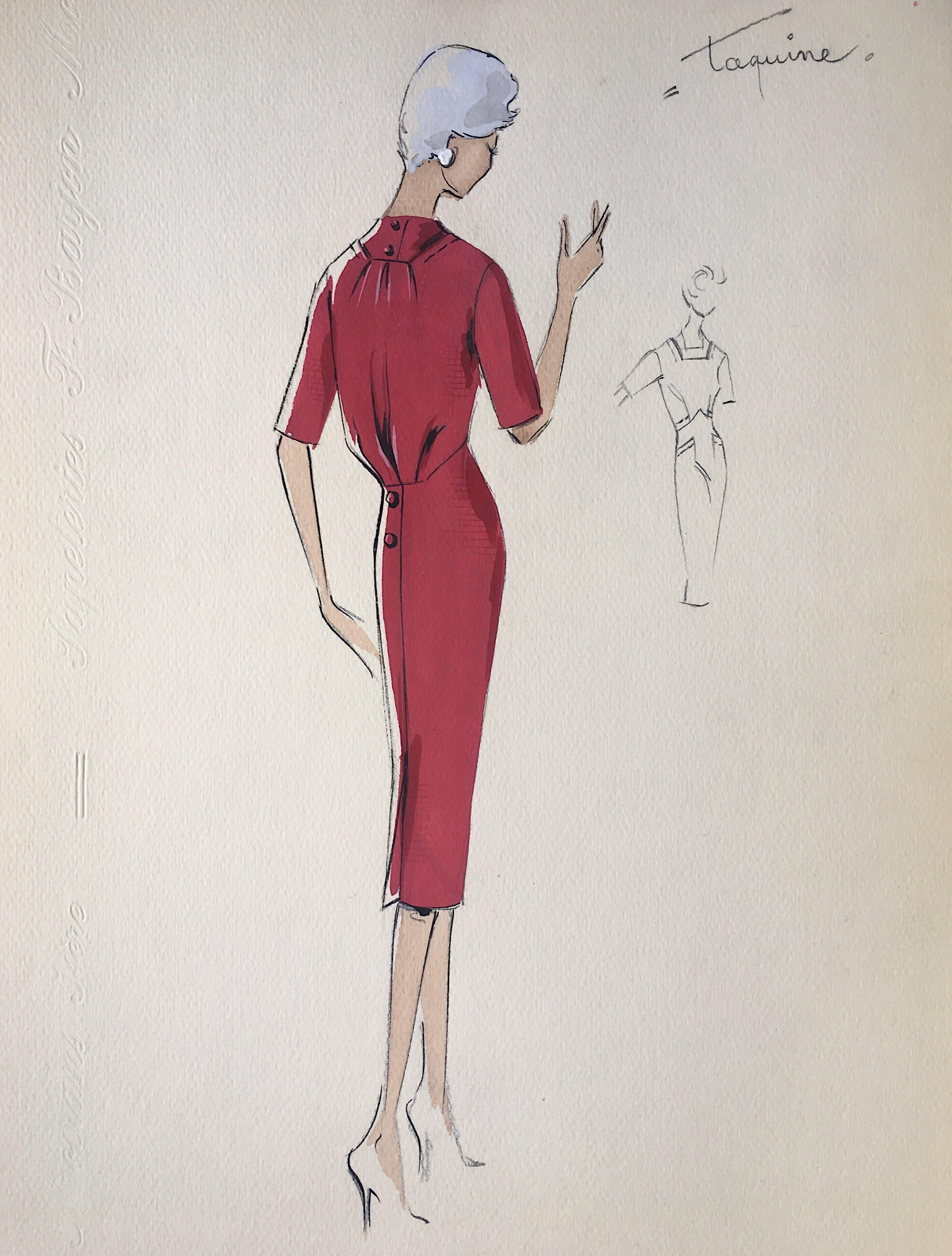 Unknown Portrait - Lady in Elegant 1950's Red Dress Parisian Fashion Illustration Sketch