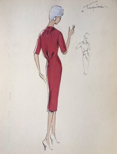 Lady in Elegant 1950's Red Dress Parisian Fashion Illustration Sketch