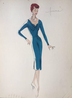 Lady in Elegant 1950's Blue Dress Parisian Fashion Illustration Sketch