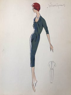 Lady in Elegant 1950's Green Check Dress Parisian Fashion Illustration Sketch