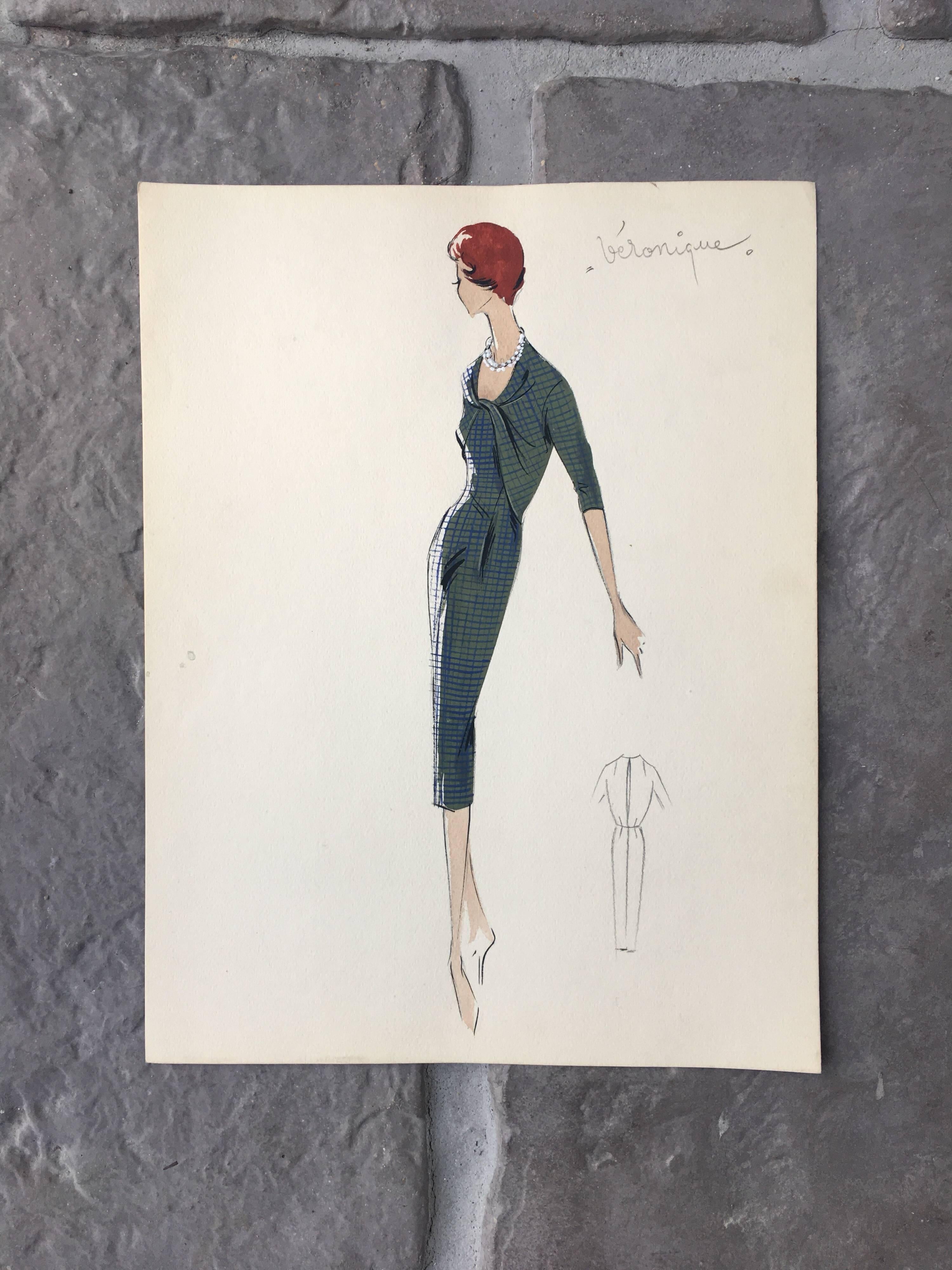 Lady in Elegant 1950's Green Check Dress Parisian Fashion Illustration Sketch - Painting by Unknown