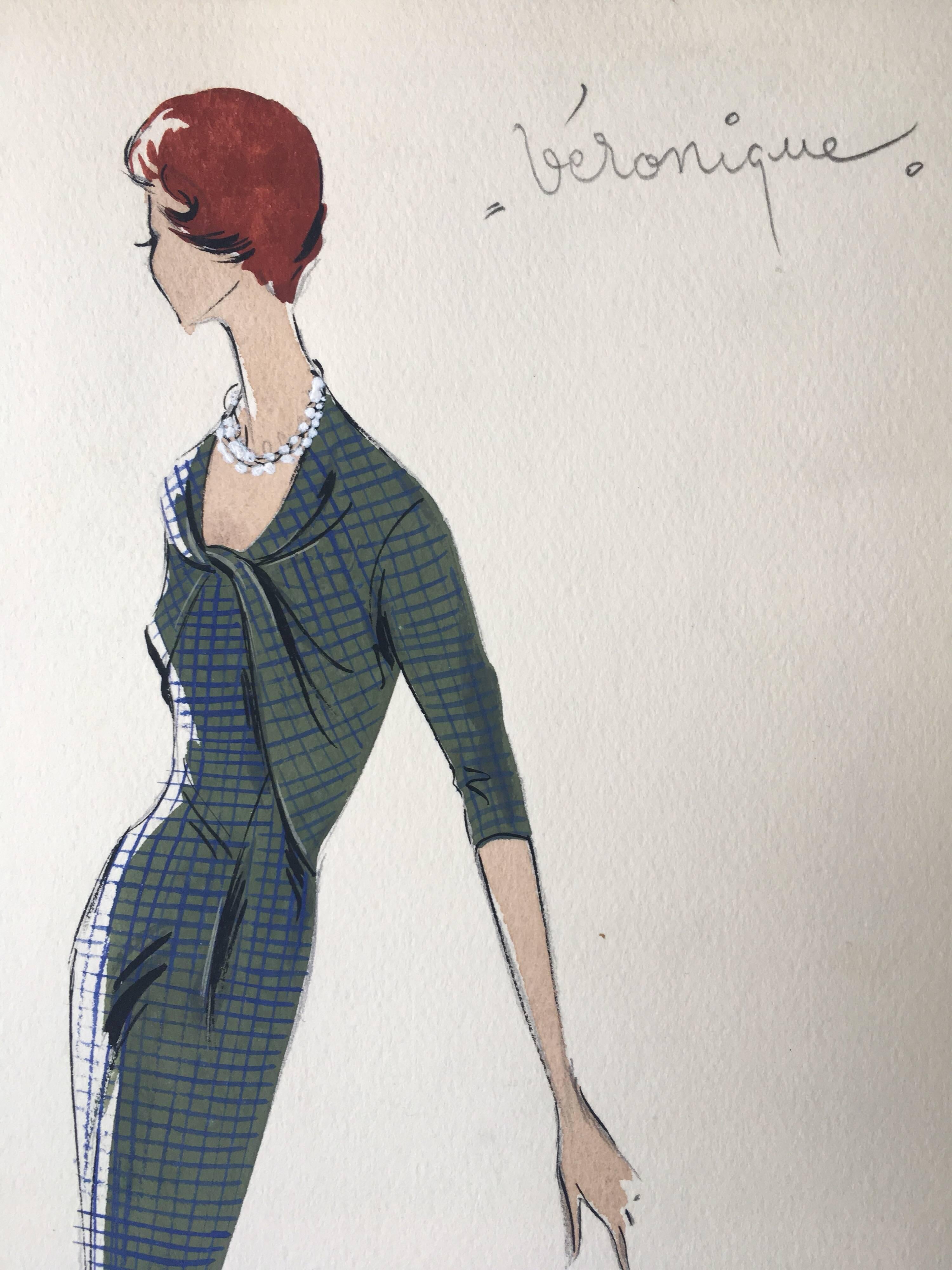Very stylish, unique and original 1950's fashion design, no doubt of Parisian origin. 

The painting, executed in gouache and pencil, is stamped verso by its designer Claude Monnat. 

The sketch is original, vintage and measures unframed 12.5 x 9.75