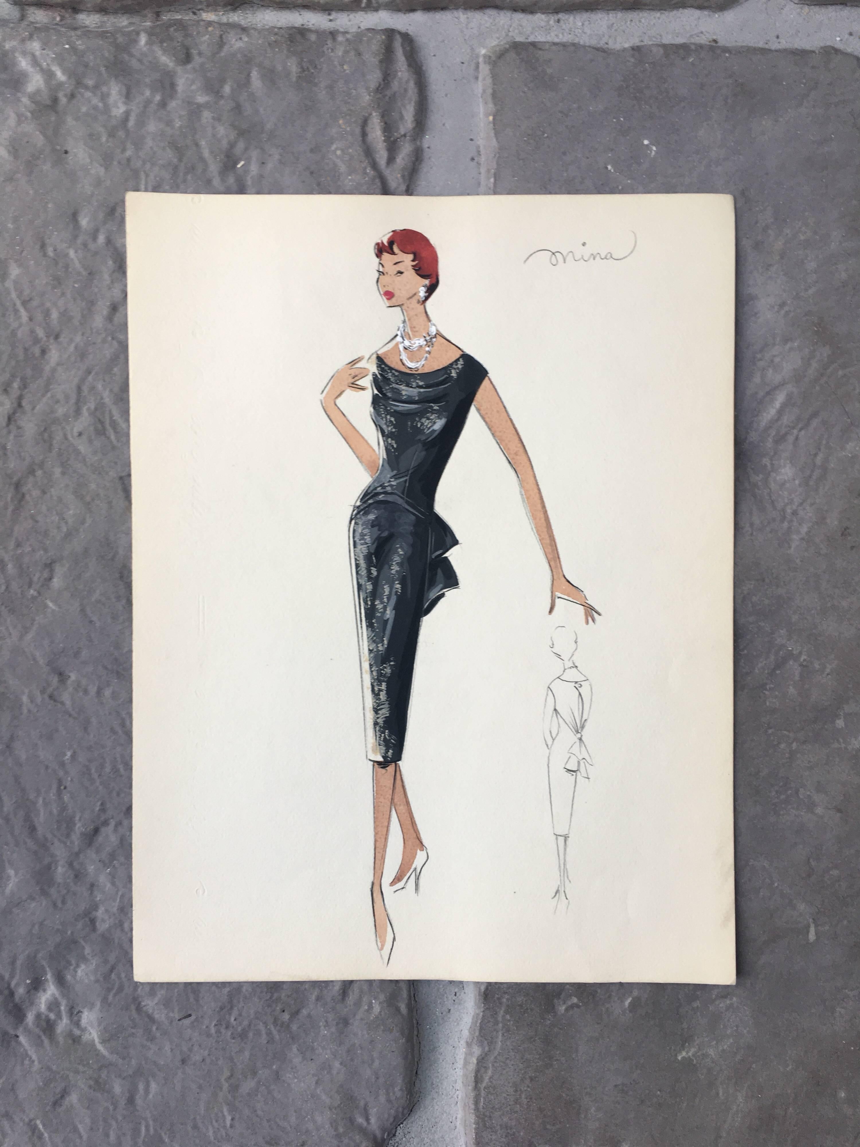 Lady with Two Tiered Necklace 1950's Parisian Fashion Illustration Sketch - Painting by Unknown