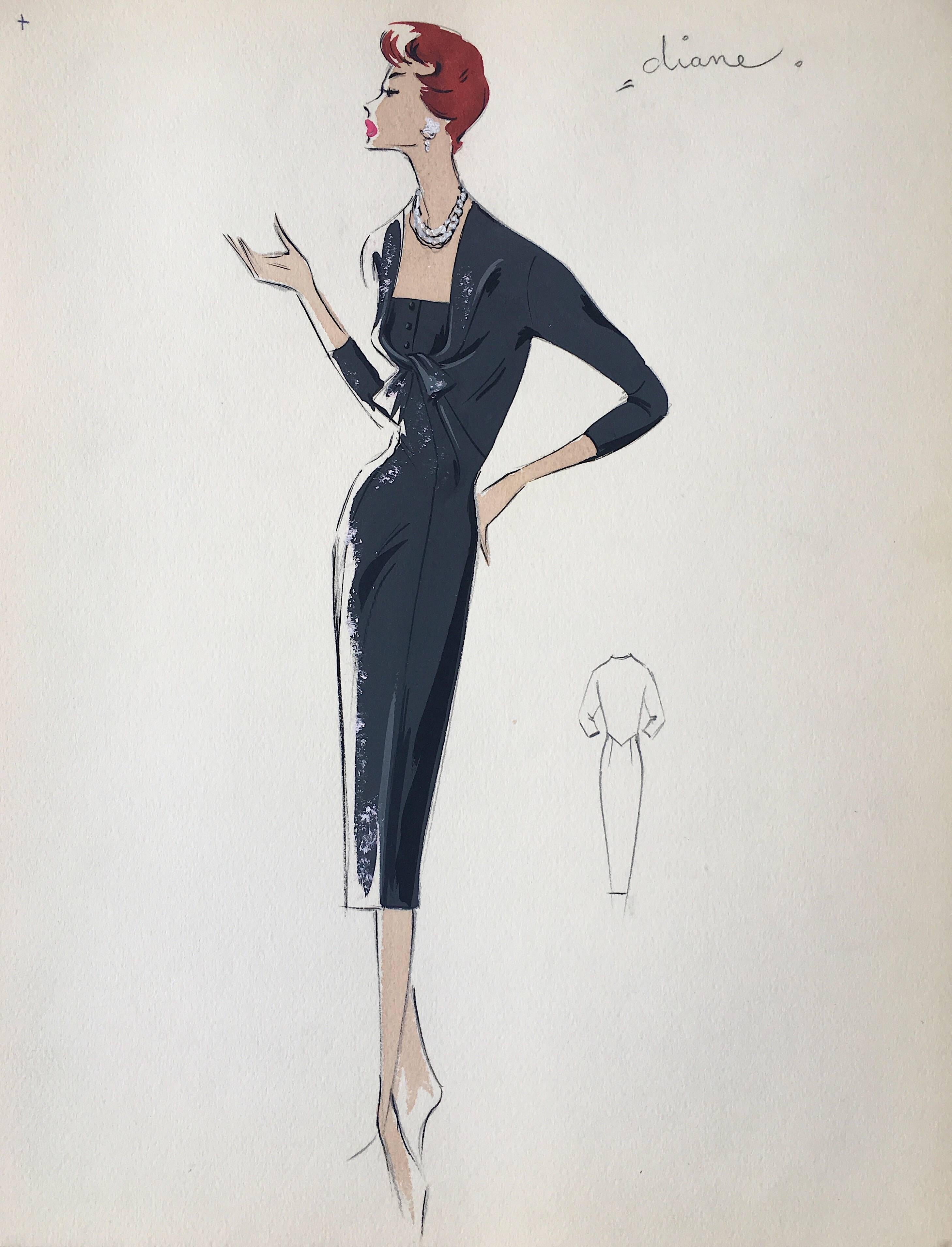 Unknown Portrait Painting - Lady in Elegant 1950's Black Dress Parisian Fashion Illustration Sketch