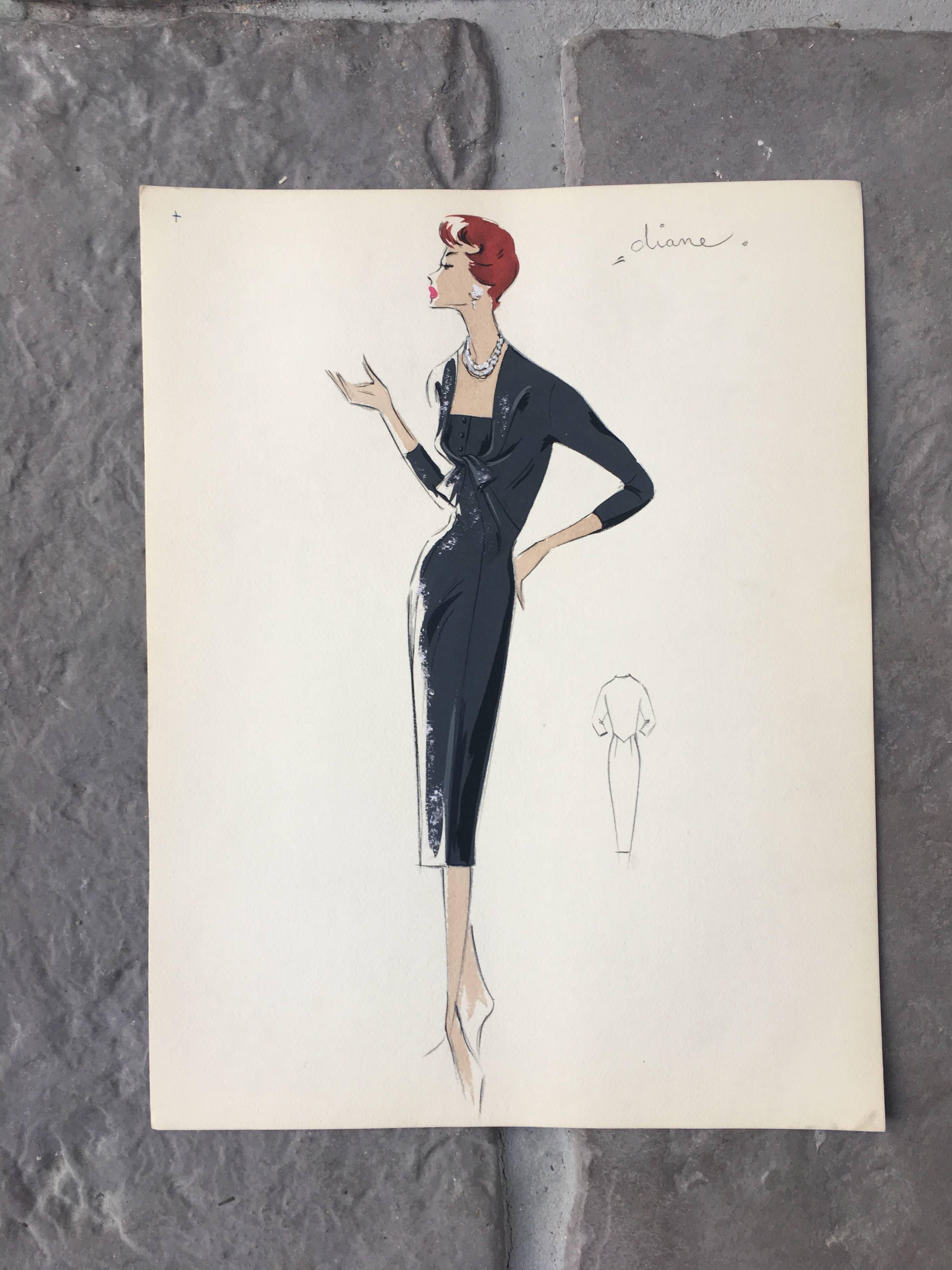 Lady in Elegant 1950's Black Dress Parisian Fashion Illustration Sketch - Painting by Unknown