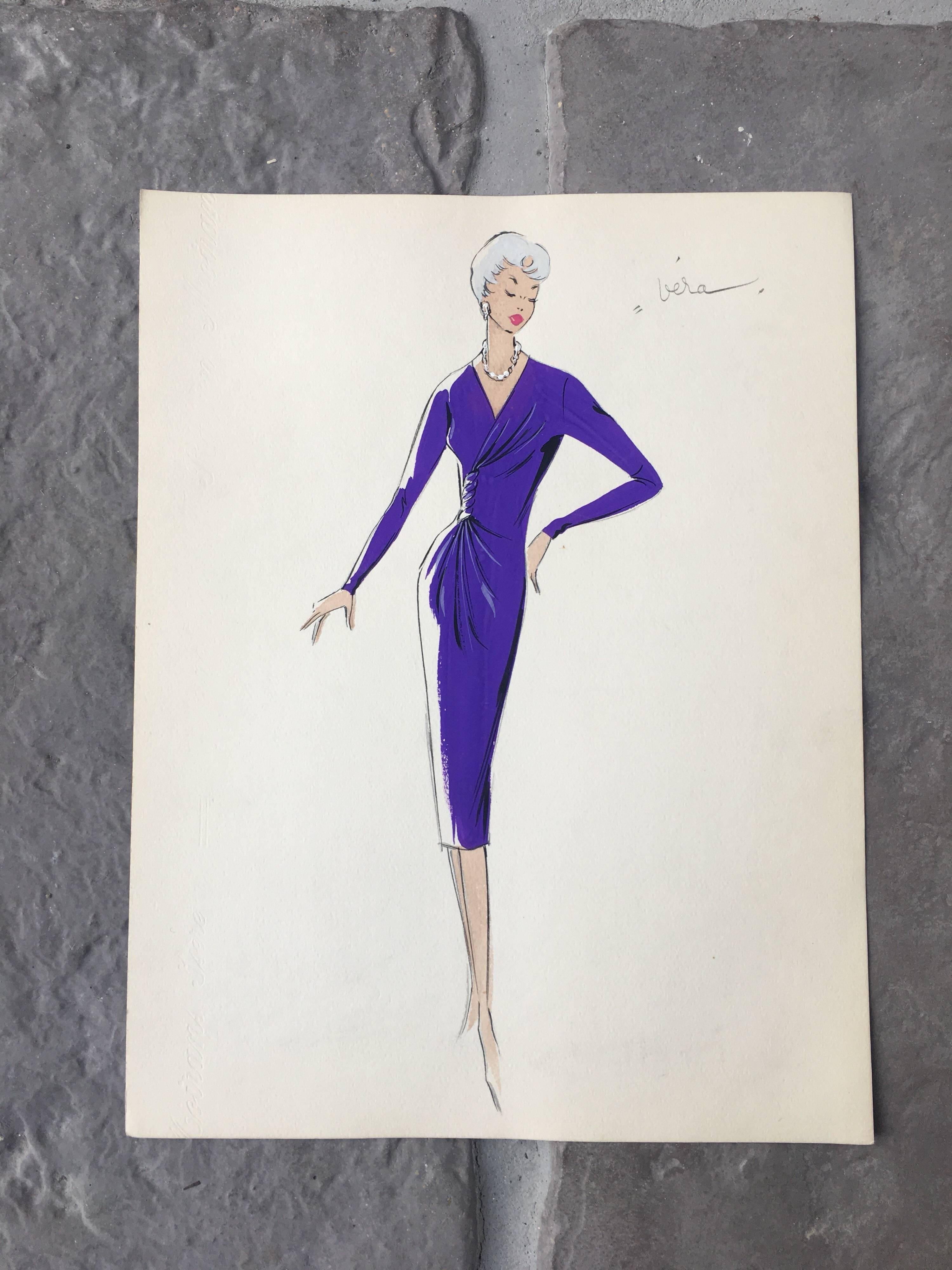 Lady in 1950's Striking Purple Dress Parisian Fashion Illustration Sketch - Painting by Unknown