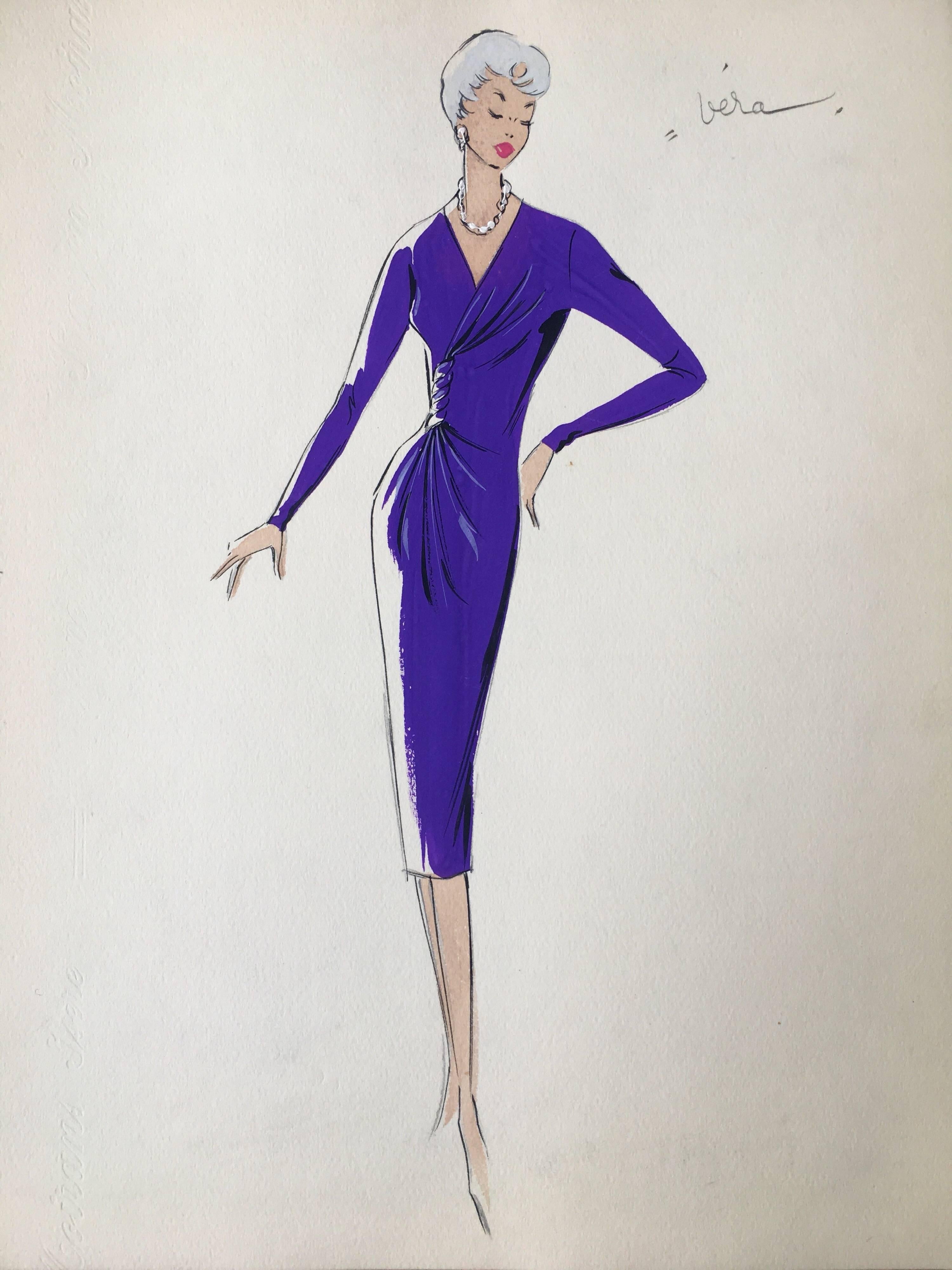 Unknown Portrait Painting - Lady in 1950's Striking Purple Dress Parisian Fashion Illustration Sketch