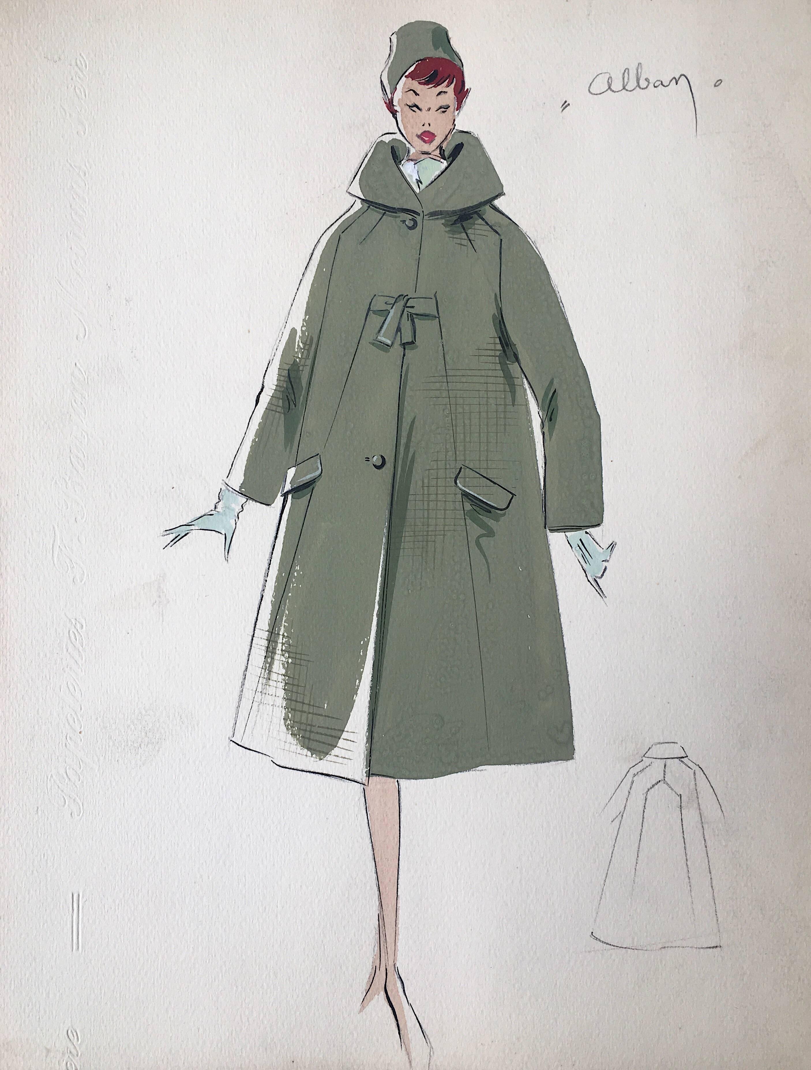 Unknown Portrait Painting - Lady in 1950's Green Coat and Hat Parisian Fashion Illustration Sketch