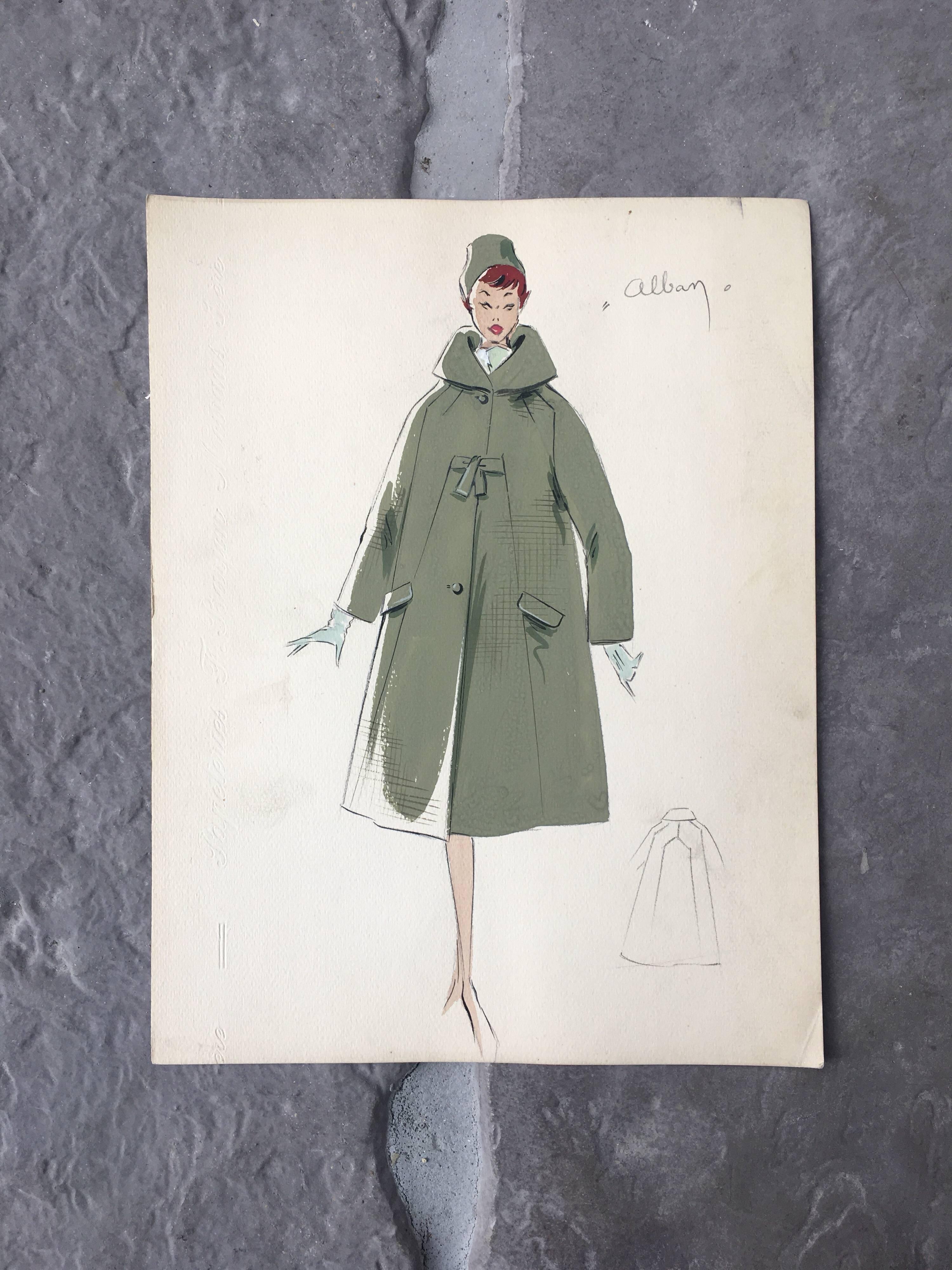 Lady in 1950's Green Coat and Hat Parisian Fashion Illustration Sketch - Painting by Unknown