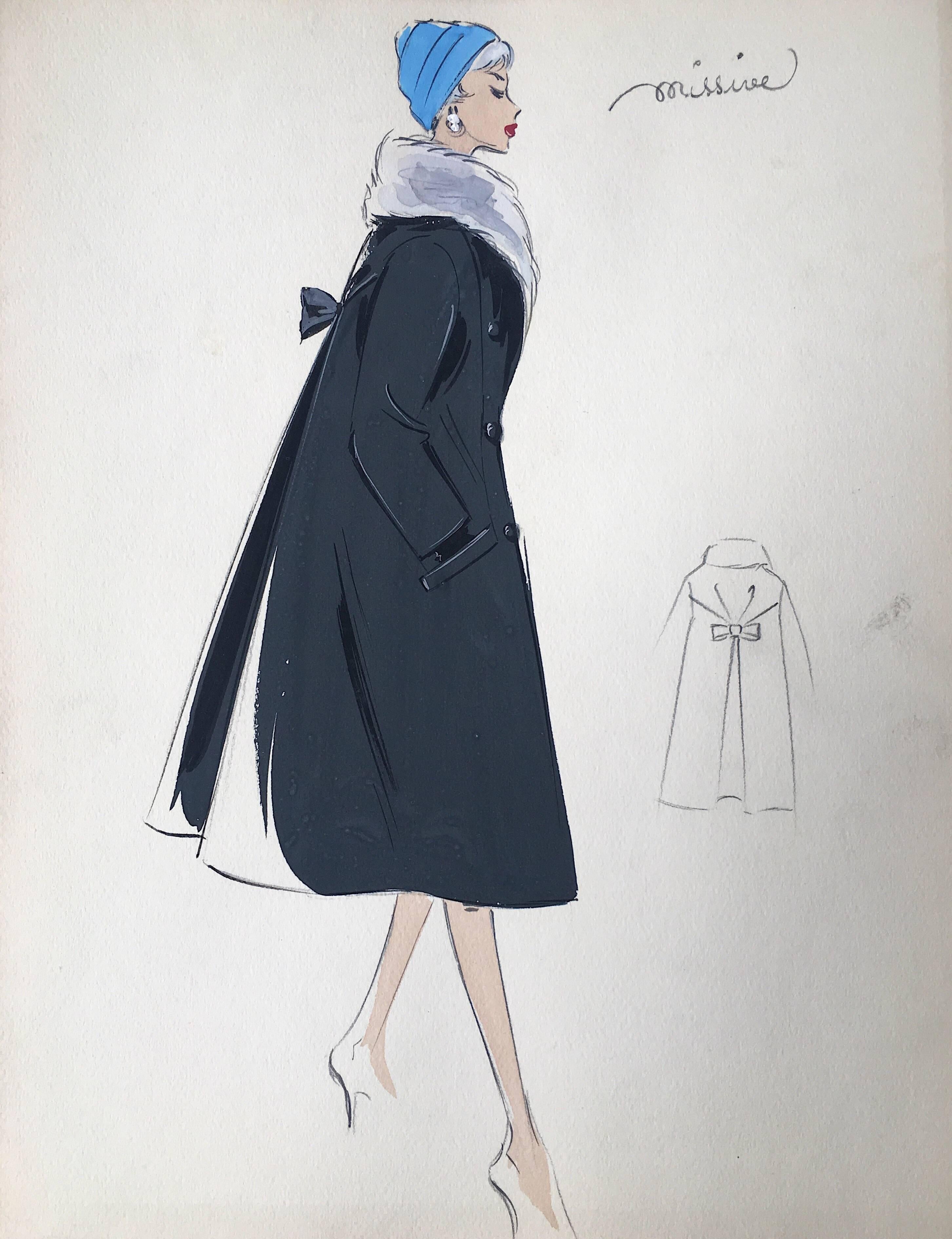 Unknown Portrait - Lady in Elegant 1950's Coat with Fur Collar Parisian Fashion Illustration Sketch