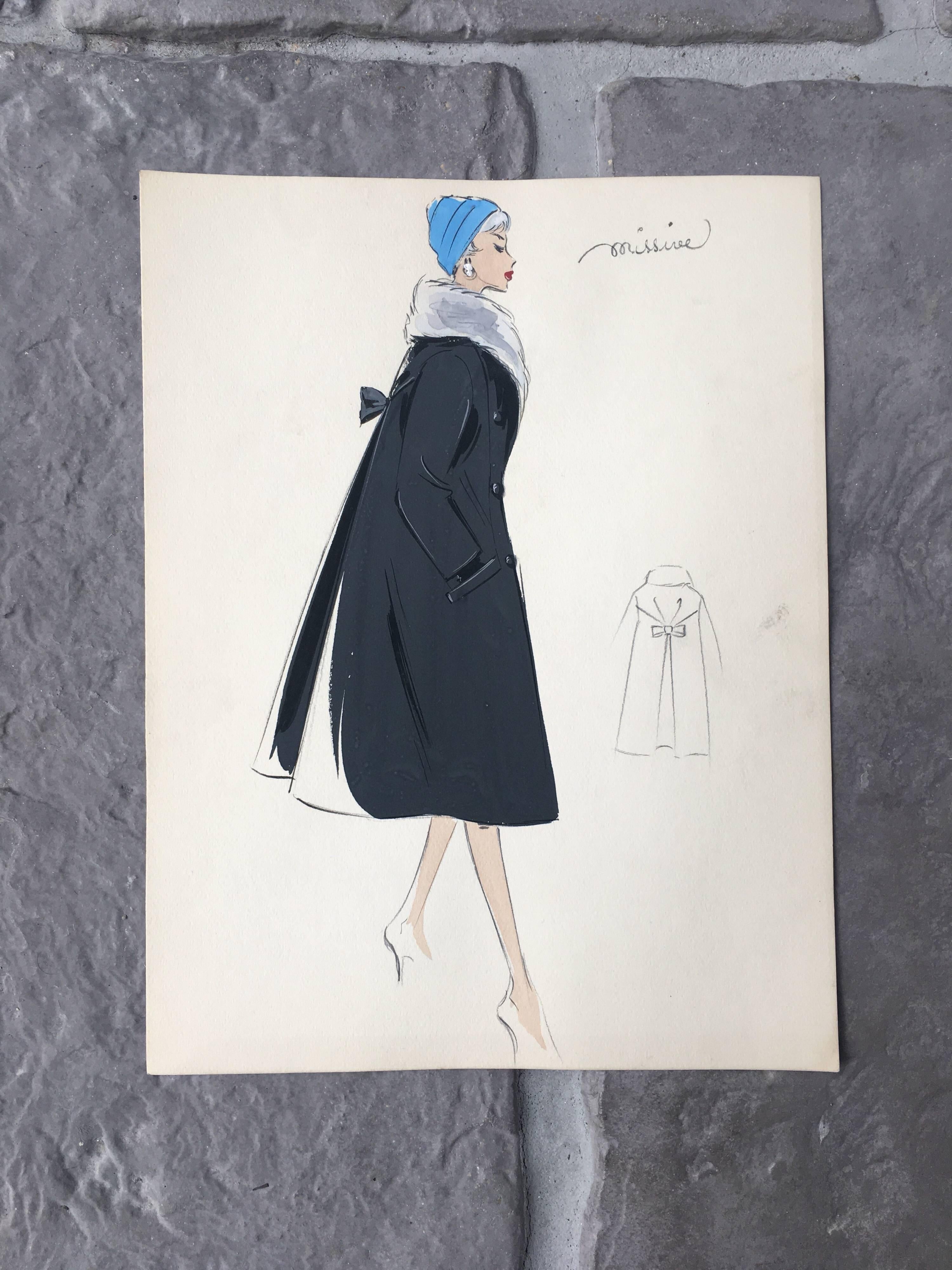 Lady in Elegant 1950's Coat with Fur Collar Parisian Fashion Illustration Sketch - Art by Unknown