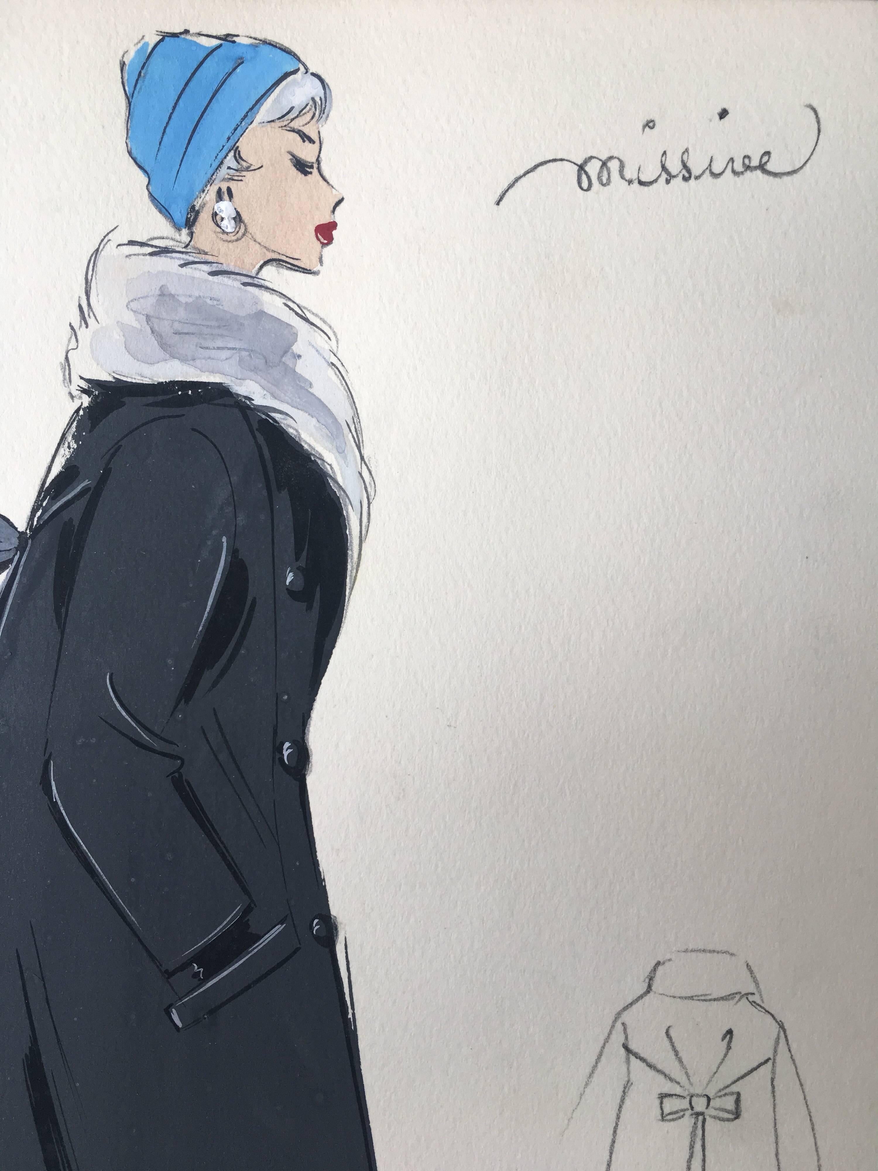 Lady in Elegant 1950's Coat with Fur Collar Parisian Fashion Illustration Sketch - Impressionist Art by Unknown