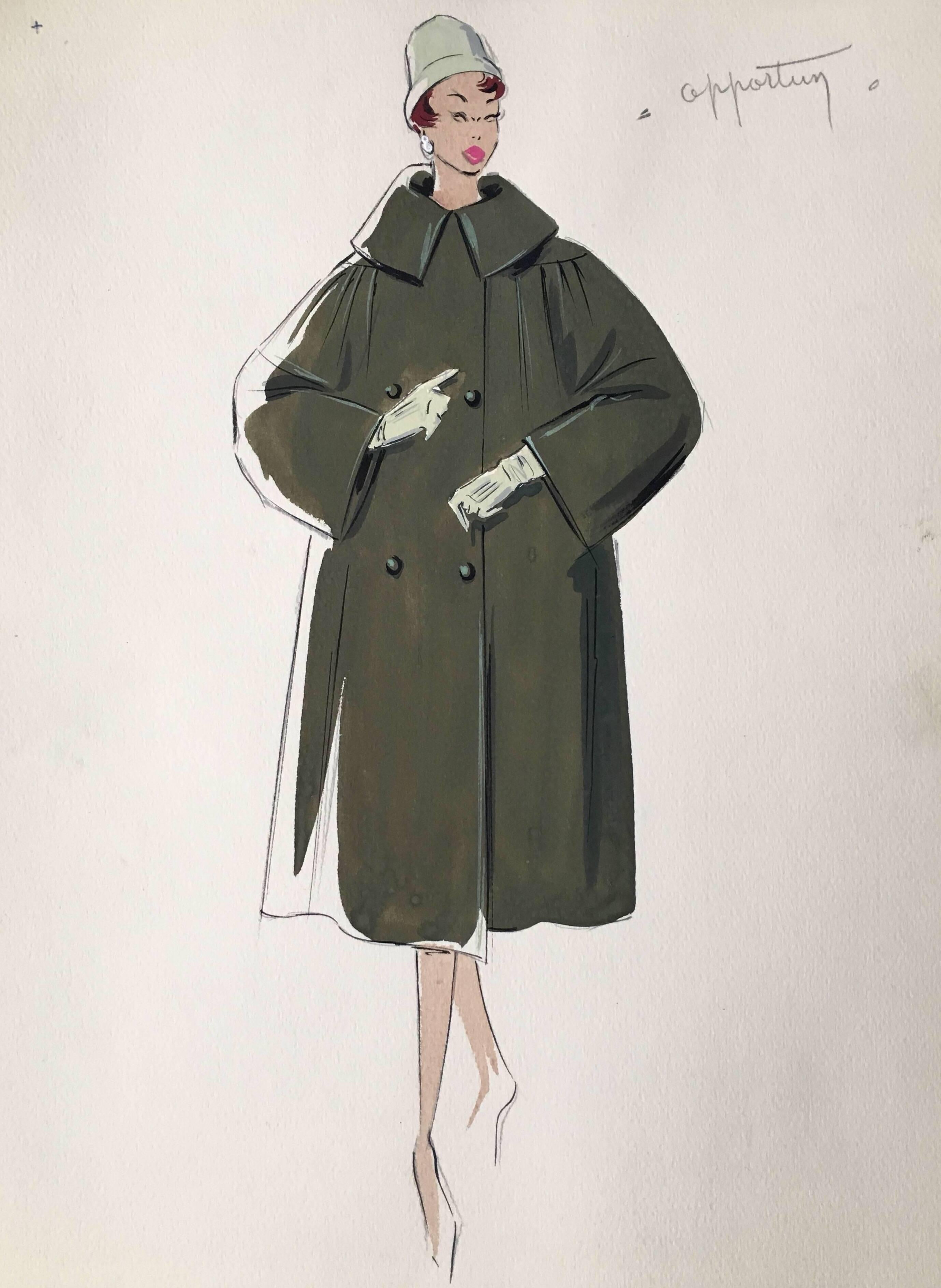 Unknown Portrait - Lady in 1950
s Dark Green Coat Parisian Fashion Illustration Sketch