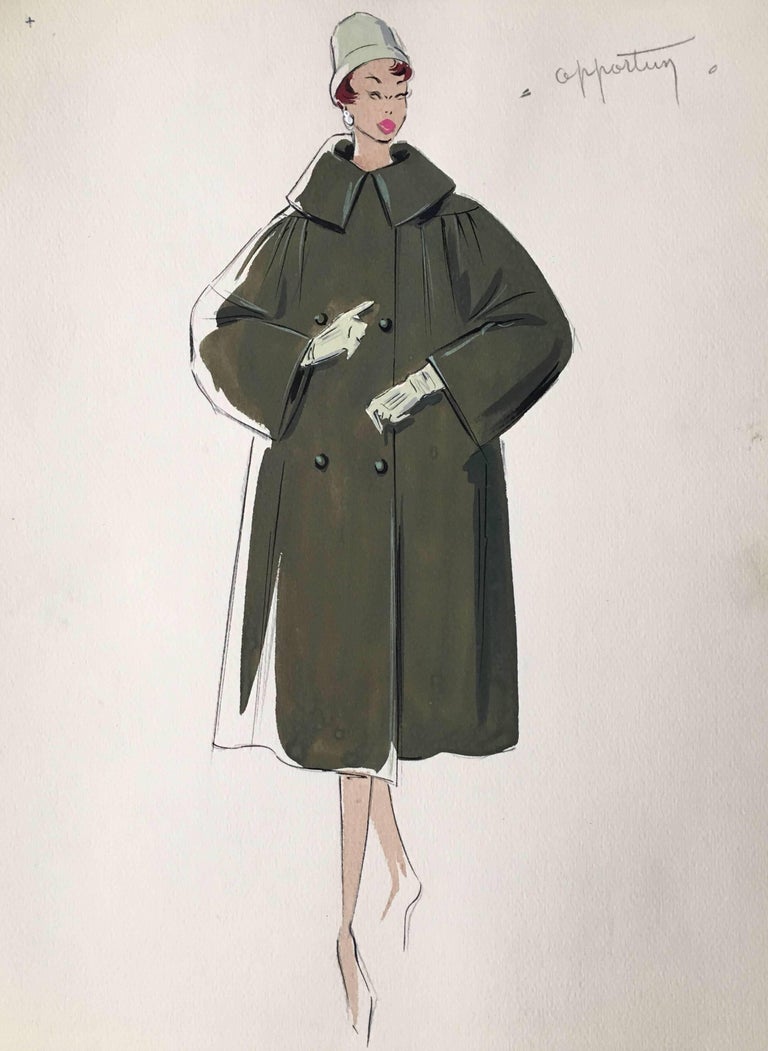 Unknown - Lady in 1950's Dark Green Coat Parisian Fashion Illustration  Sketch at 1stDibs | 1950s fashion illustration, coat sketch, coat fashion  sketch