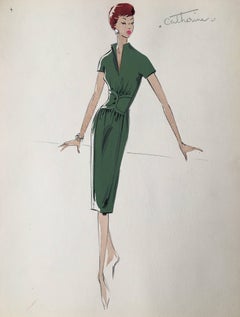 Lady in 1950's Green Dress Parisian Fashion Illustration Sketch