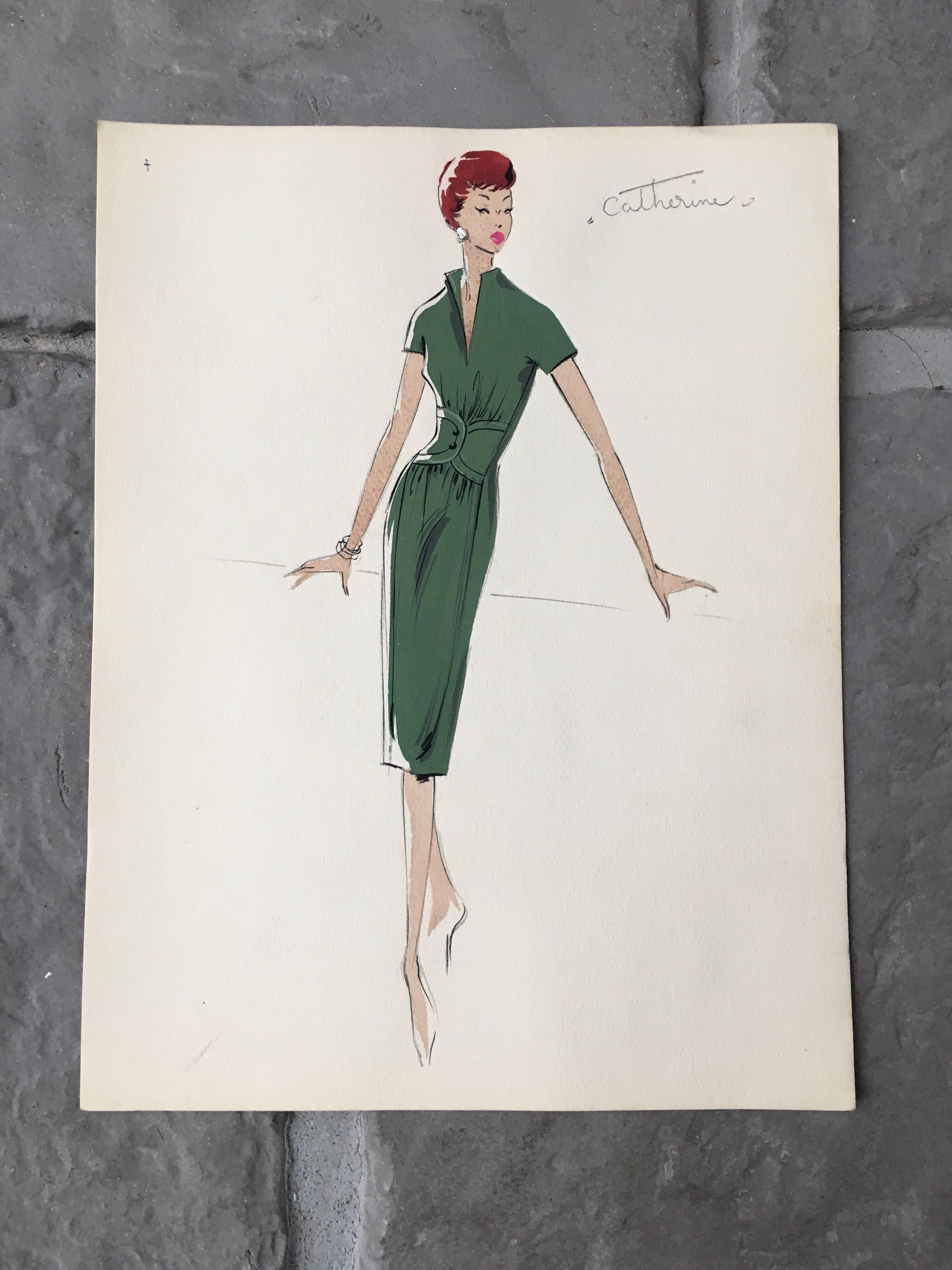 Lady in 1950's Green Dress Parisian Fashion Illustration Sketch - Painting by Unknown