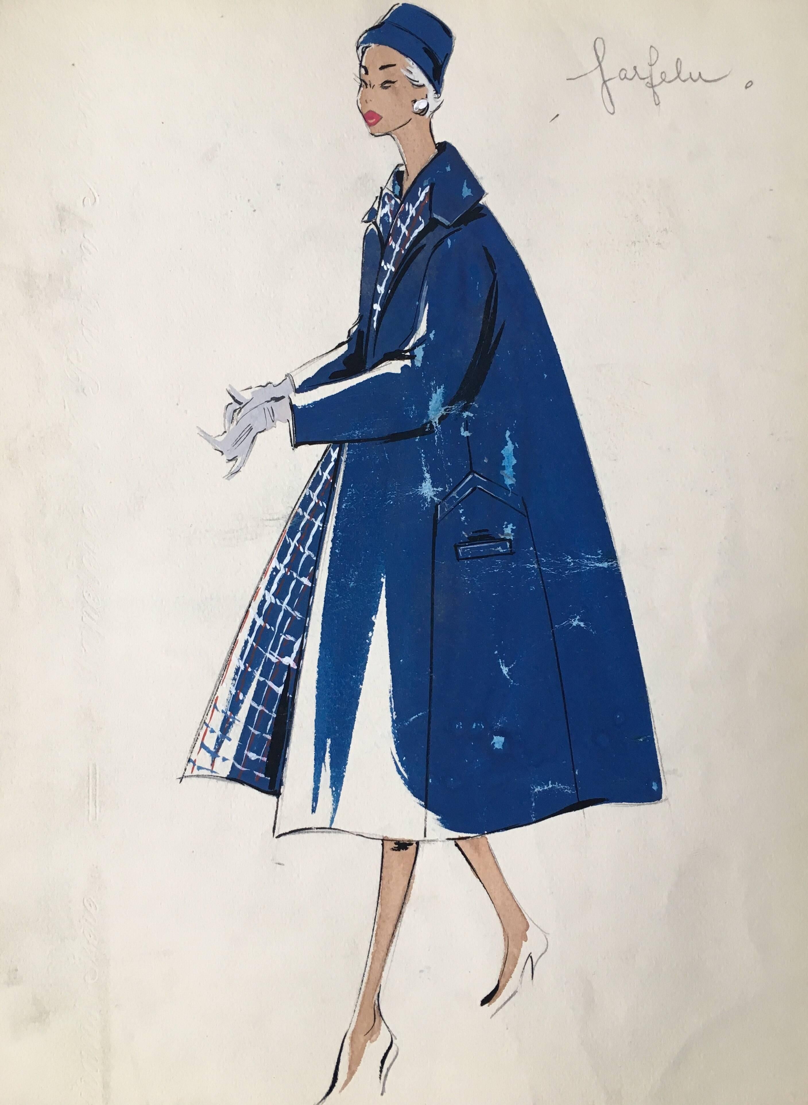 Unknown Portrait Painting - Lady in 1950's Blue Coat and Hat Coat Parisian Fashion Illustration Sketch