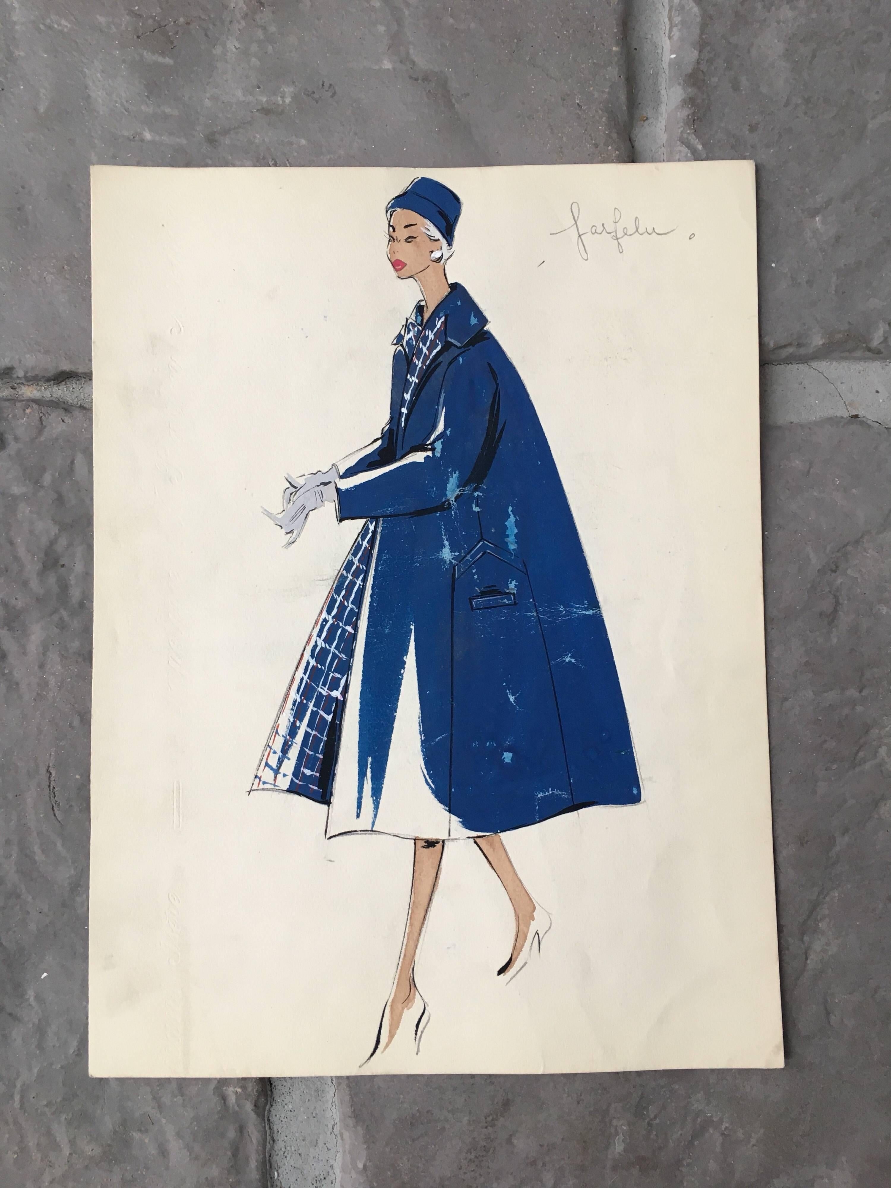 Lady in 1950's Blue Coat and Hat Coat Parisian Fashion Illustration Sketch - Painting by Unknown