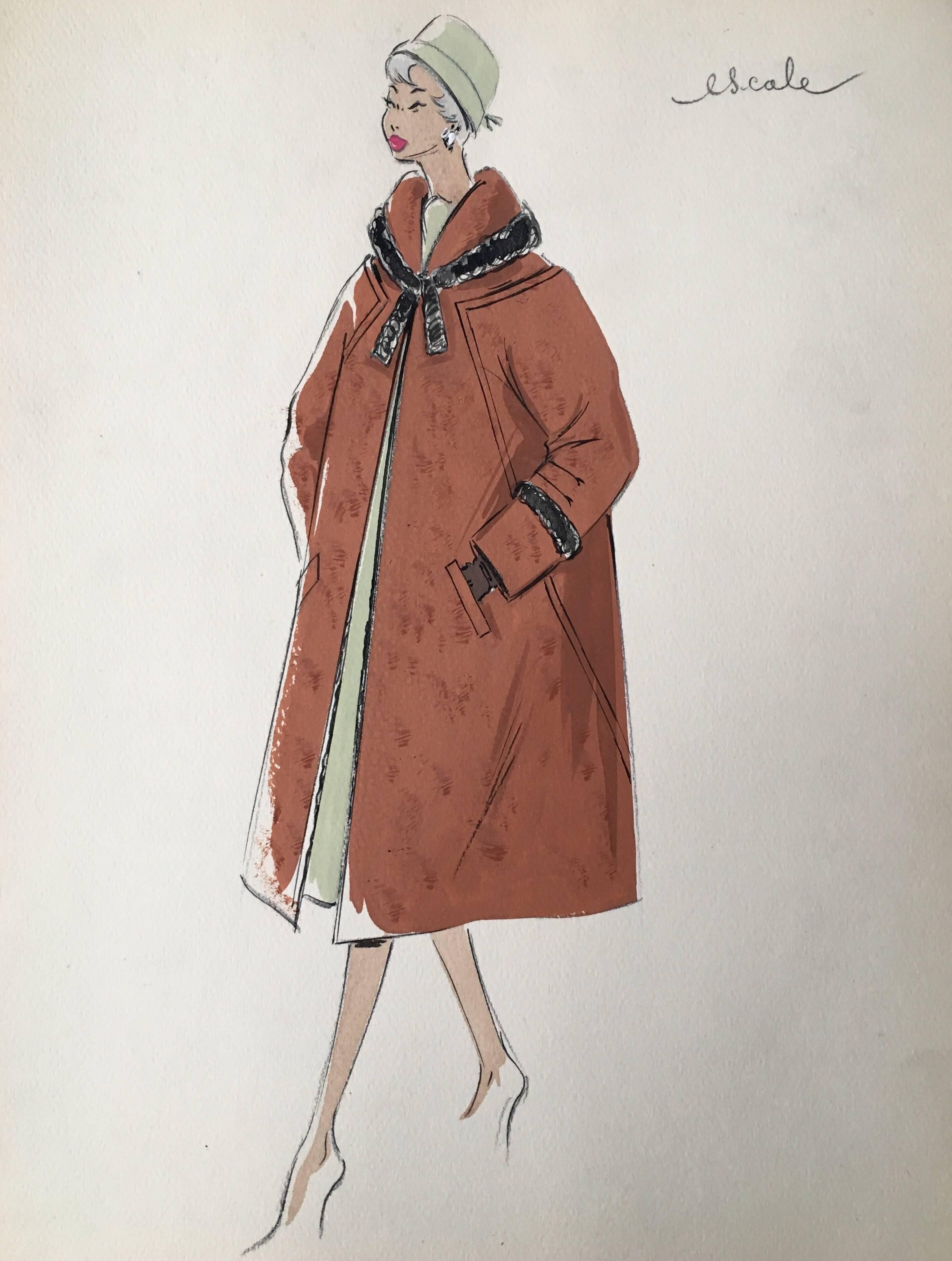 Unknown Portrait Painting - Lady in 1950's Elegant Coat Parisian Fashion Illustration Sketch