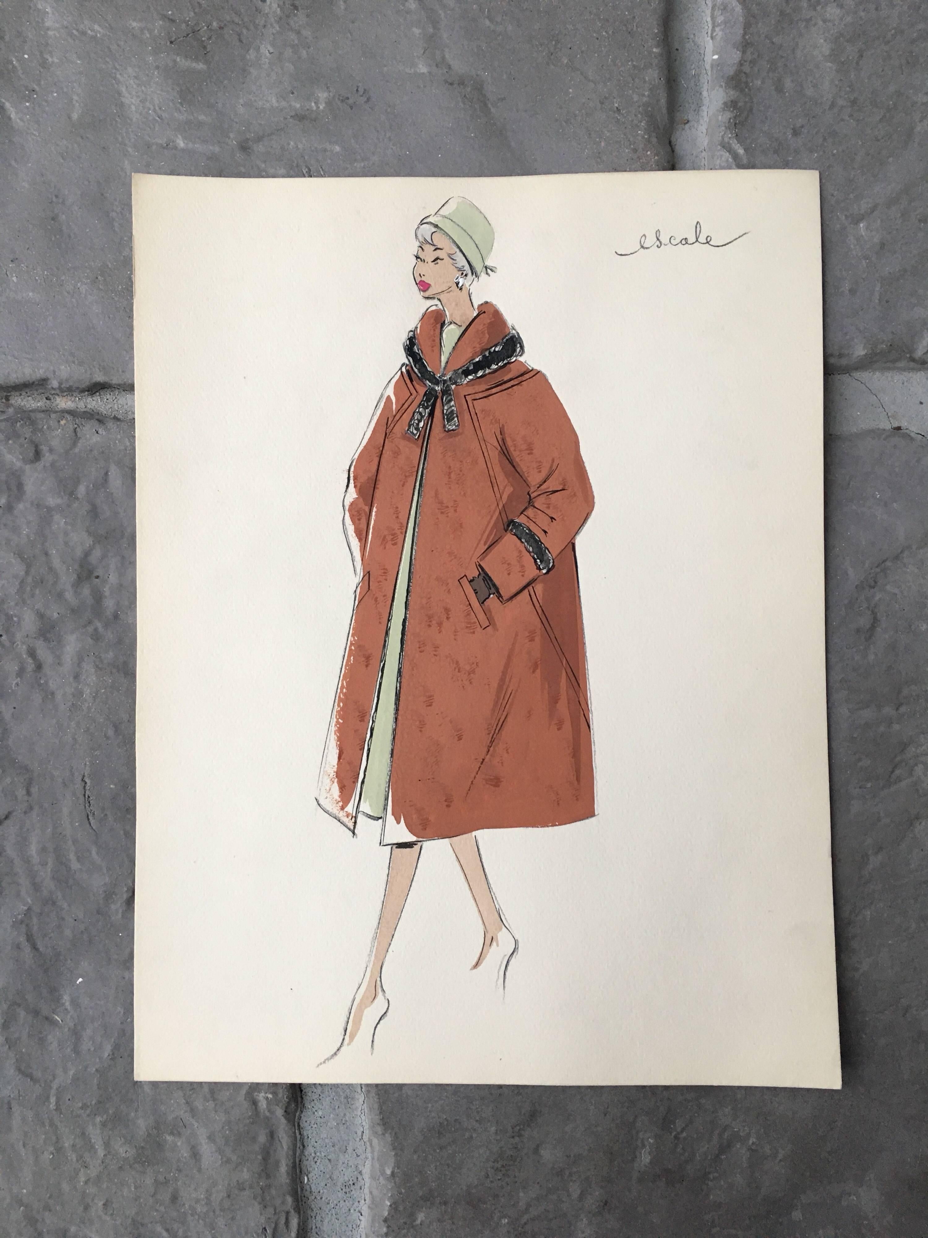 Lady in 1950's Elegant Coat Parisian Fashion Illustration Sketch - Painting by Unknown