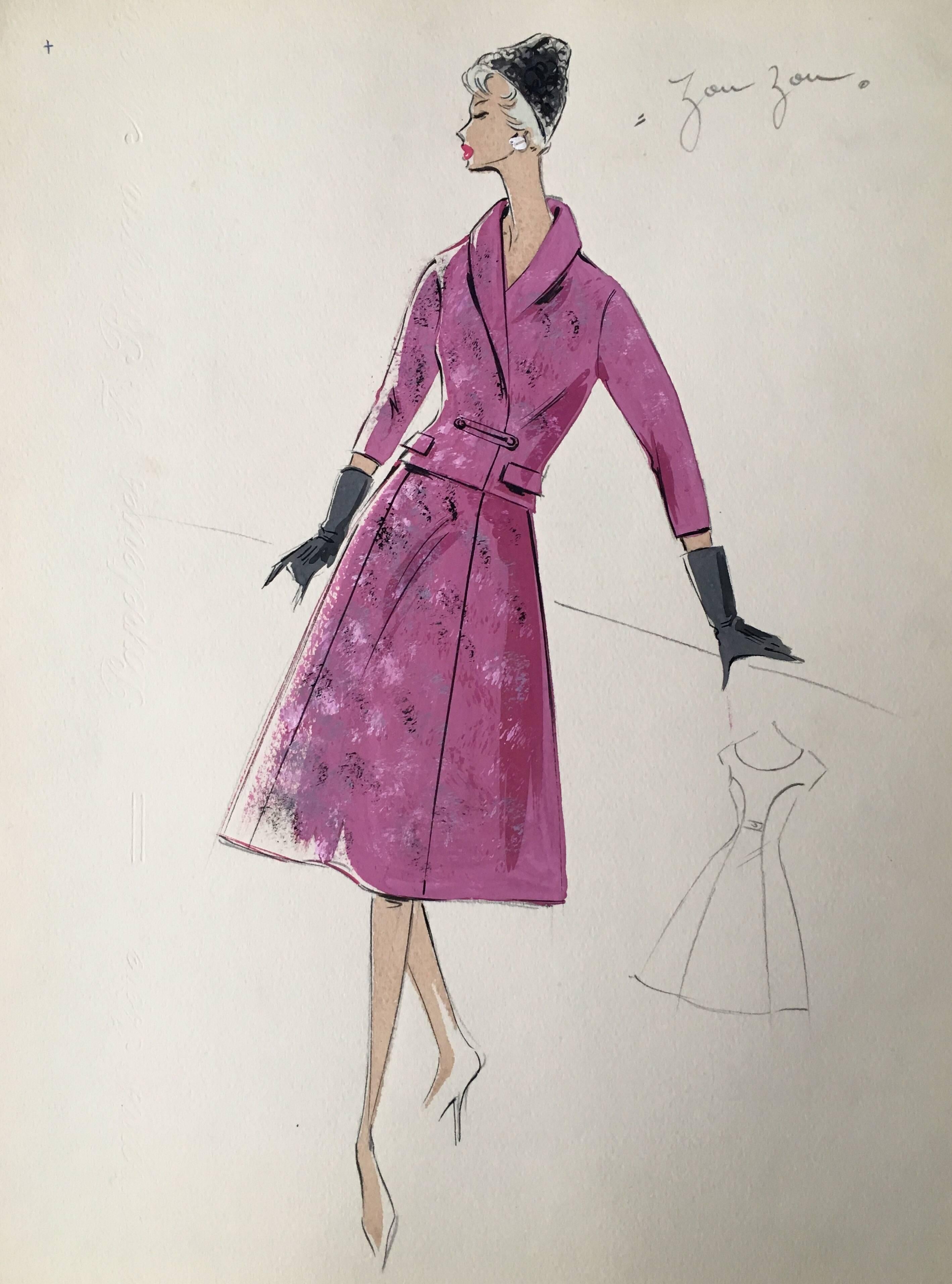 Unknown Portrait Painting - Lady in Pink 1950's Two Piece Parisian Fashion Illustration Sketch