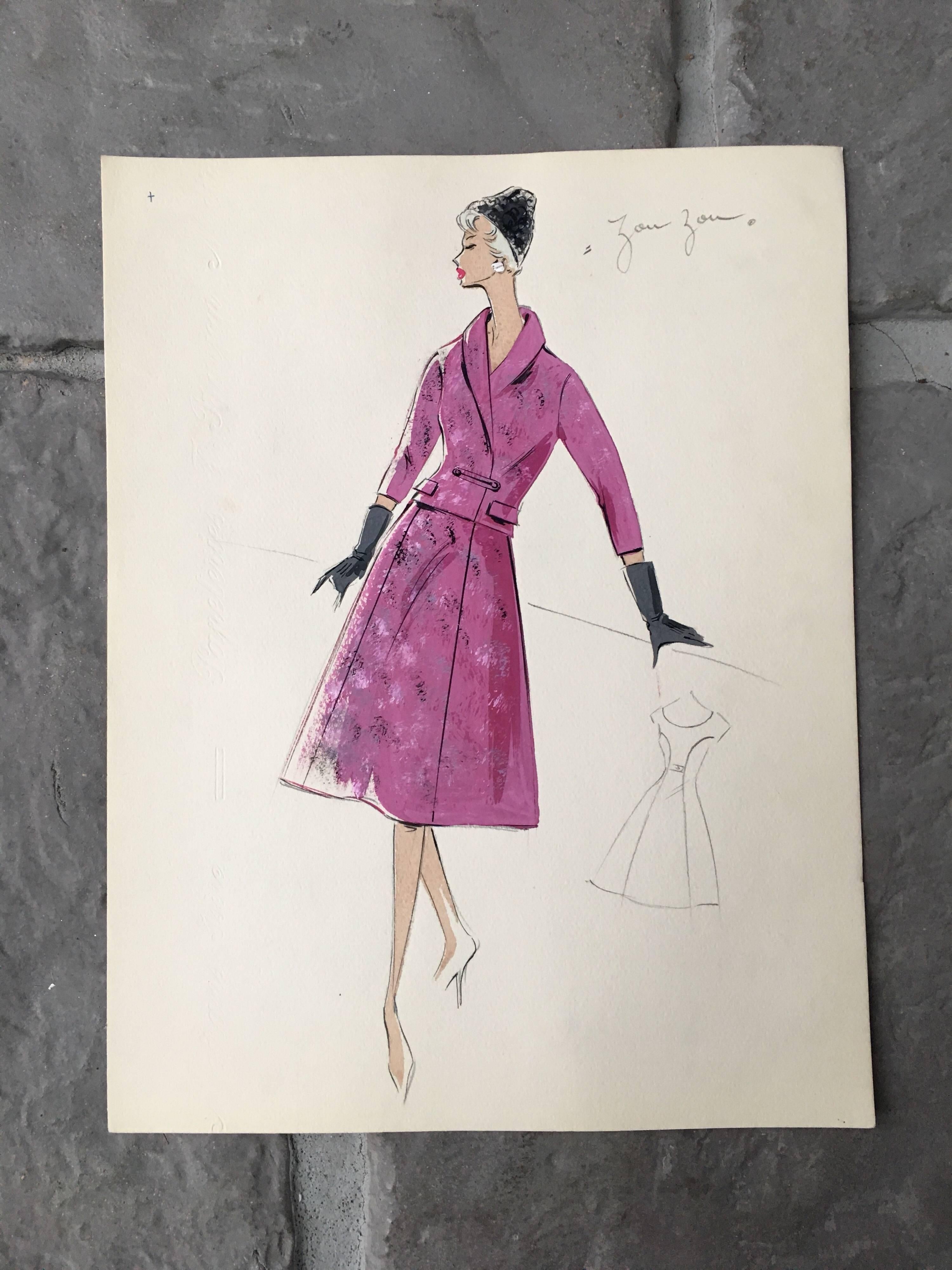Lady in Pink 1950's Two Piece Parisian Fashion Illustration Sketch - Painting by Unknown