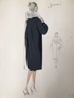 Lady in 1950's Coat with Fur Collar and Hat Parisian Fashion Illustration Sketch