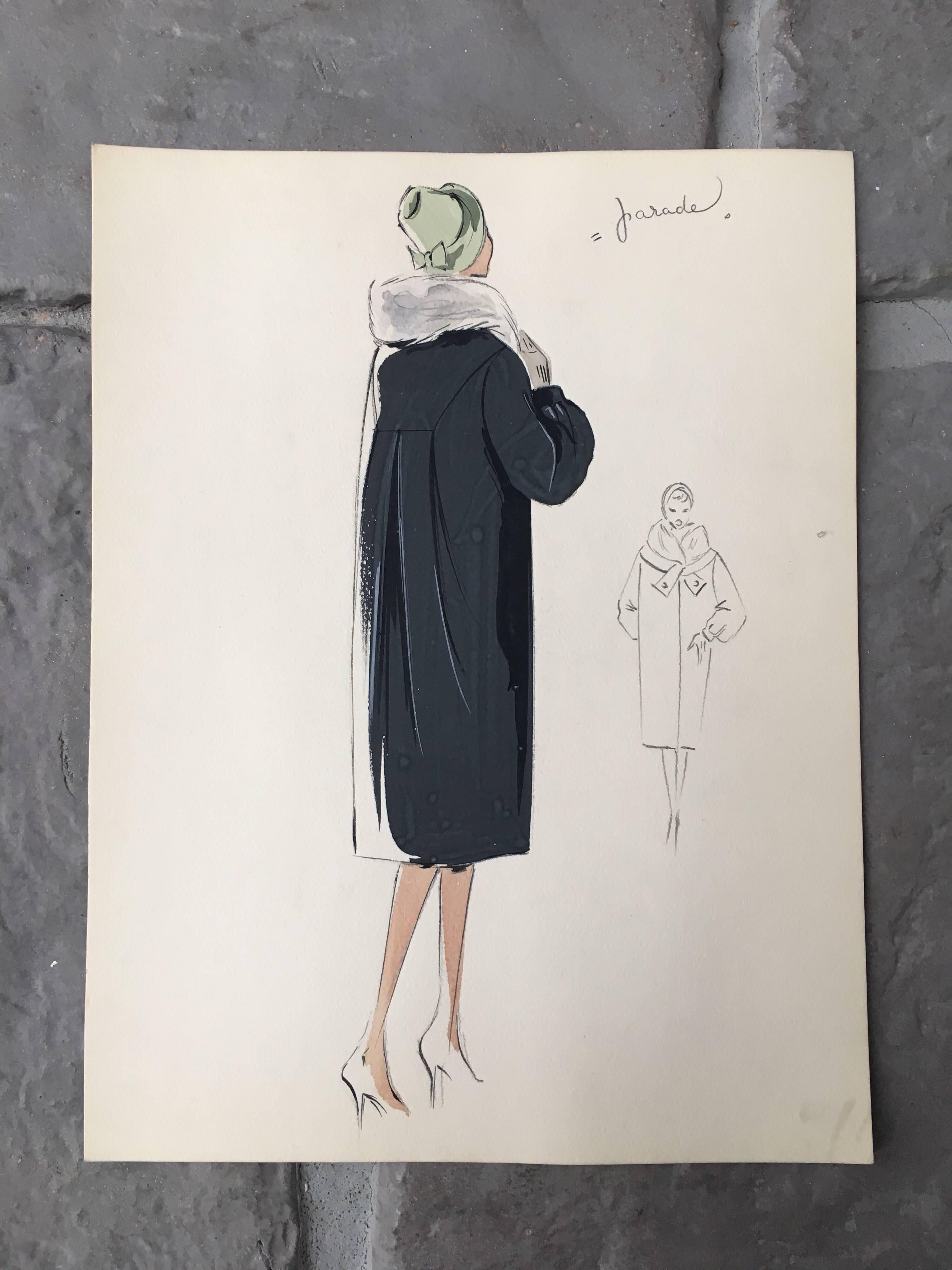 Lady in 1950's Coat with Fur Collar and Hat Parisian Fashion Illustration Sketch - Painting by Unknown