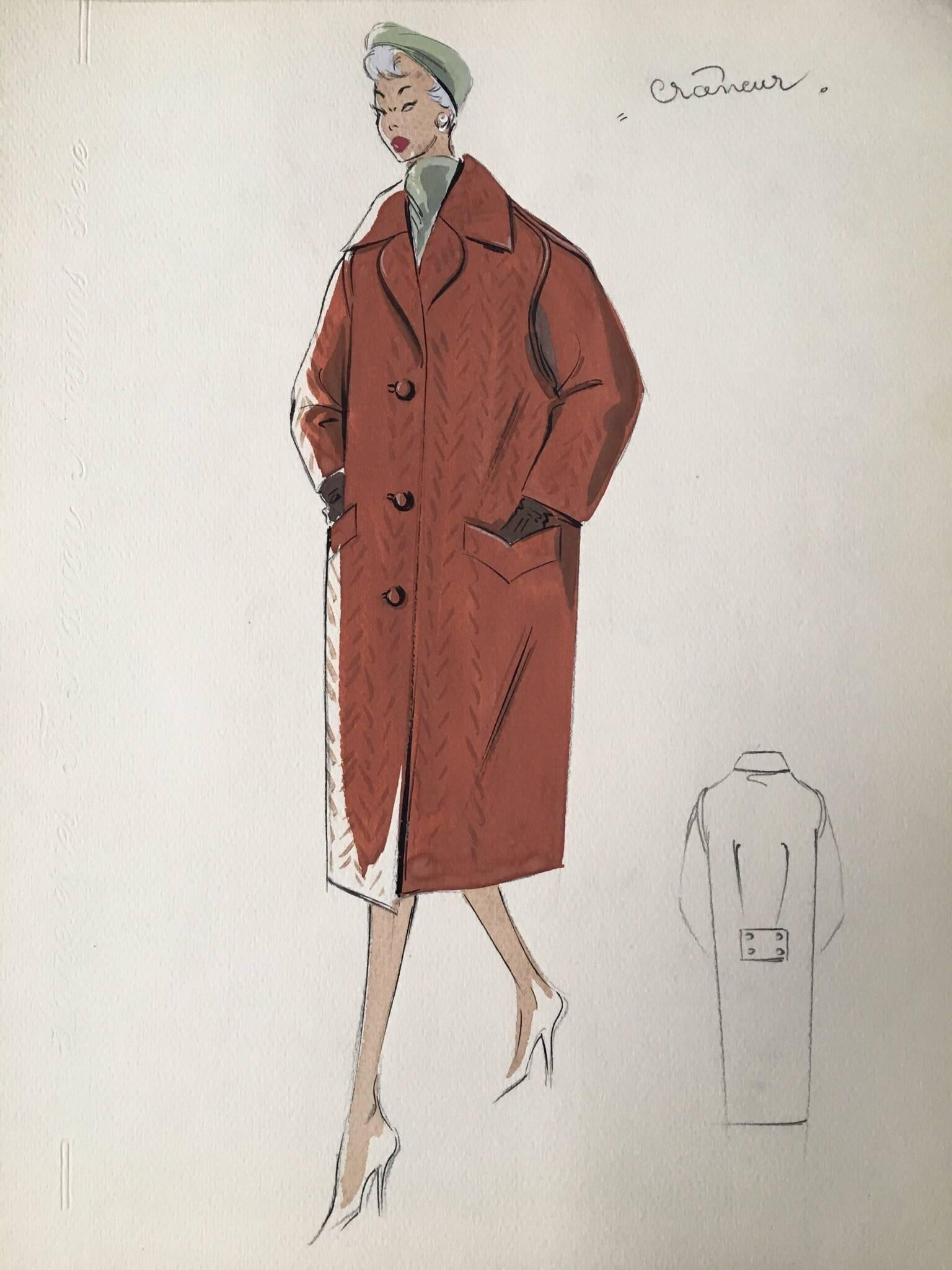 Lady in 1950's Brown Over Coat Parisian Fashion Illustration Sketch