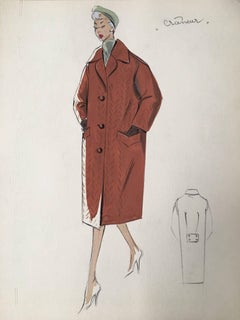 Lady in 1950's Brown Over Coat Parisian Fashion Illustration Sketch