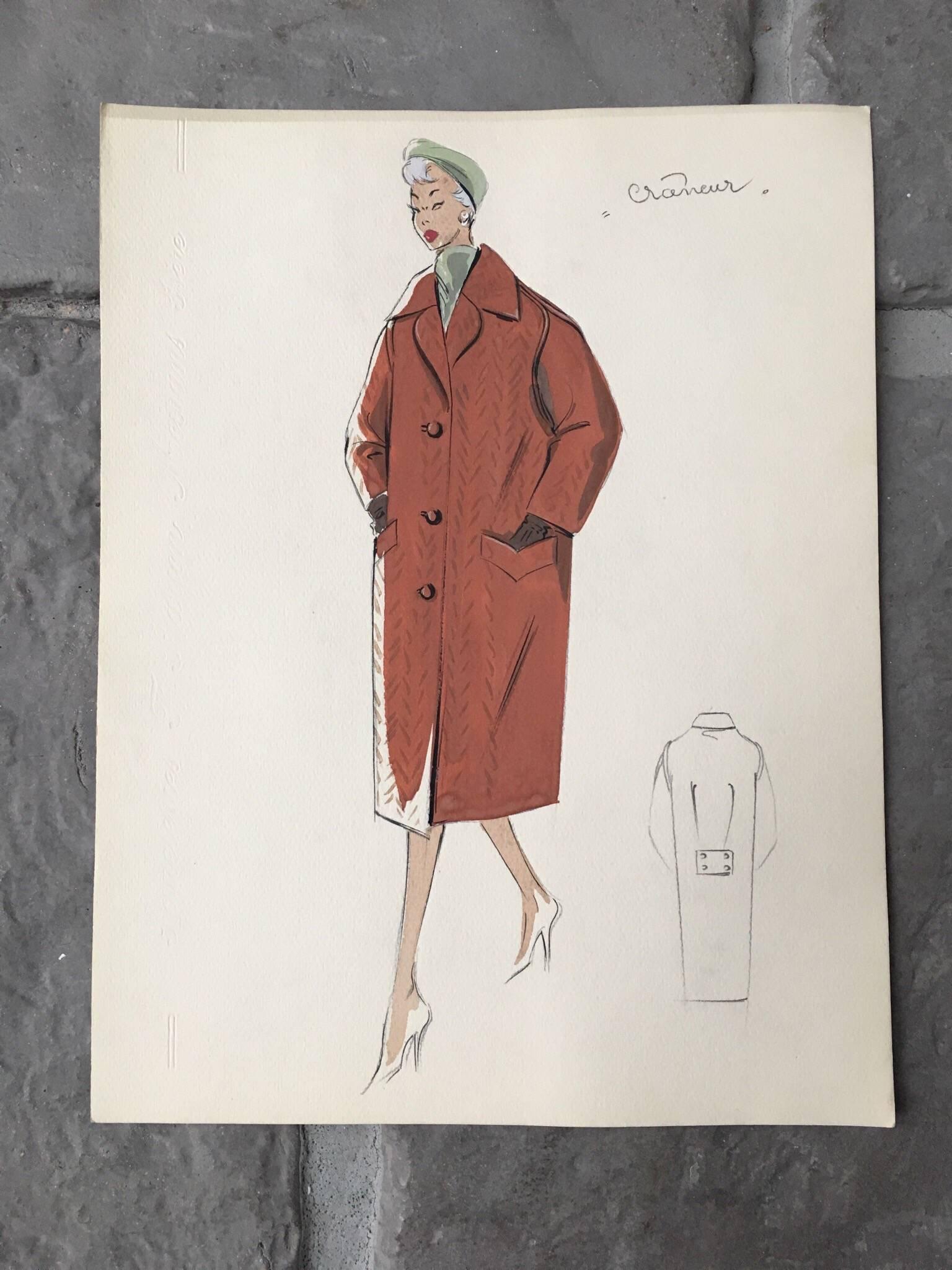 Lady in 1950's Brown Over Coat Parisian Fashion Illustration Sketch - Painting by Unknown