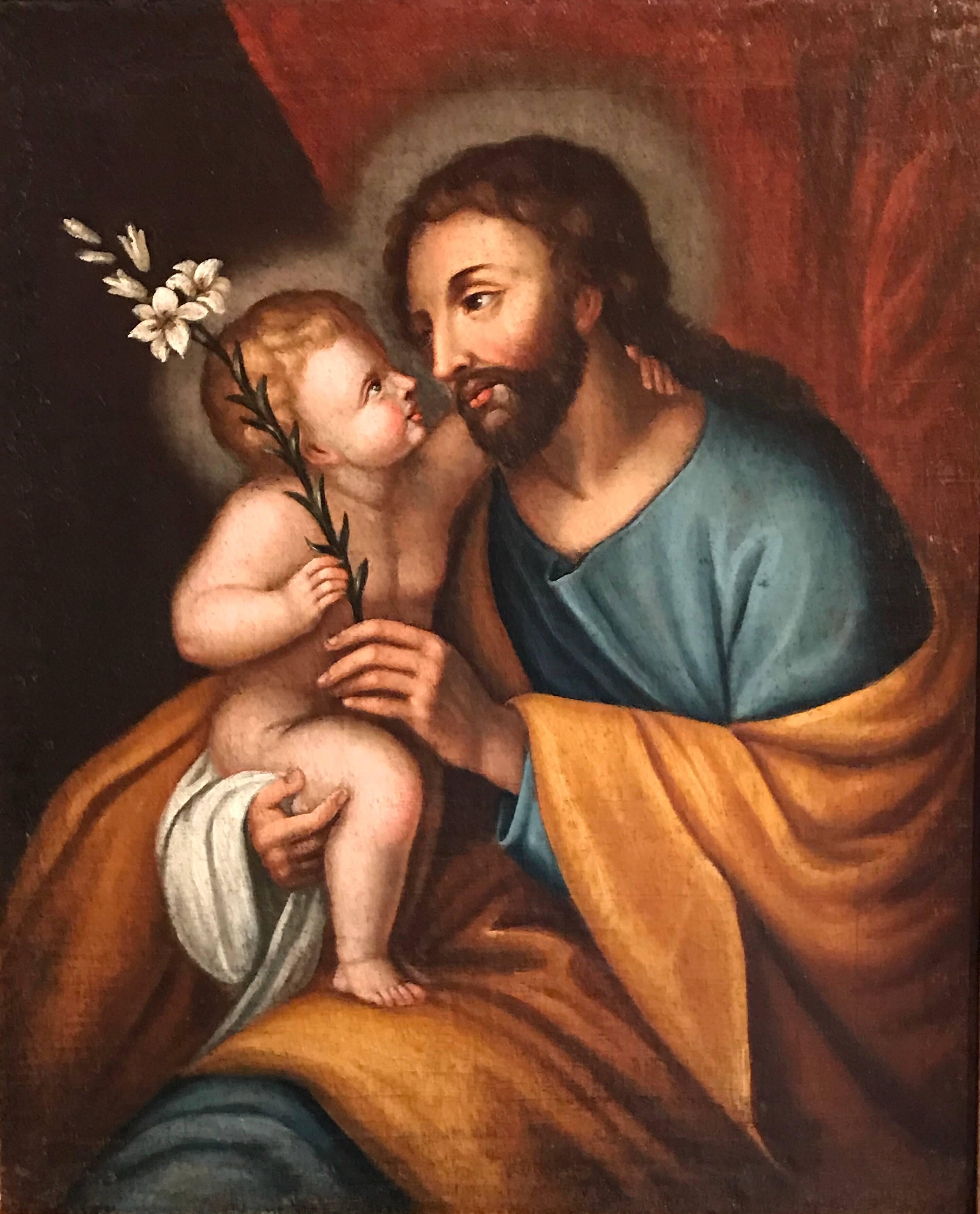 Unknown Portrait Painting - Joseph & Infant Christ Child, 17th century Old Master oil painting