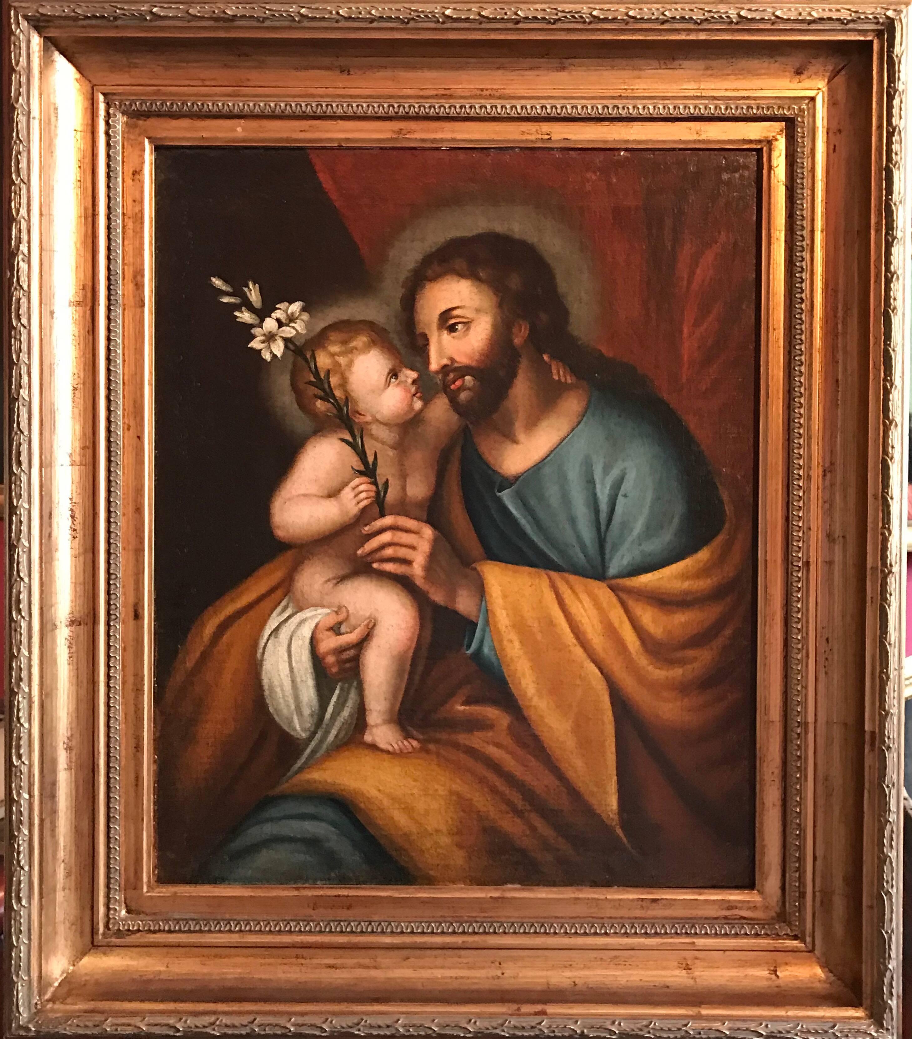 Joseph & Infant Christ Child, 17th century Old Master oil painting - Painting by Unknown