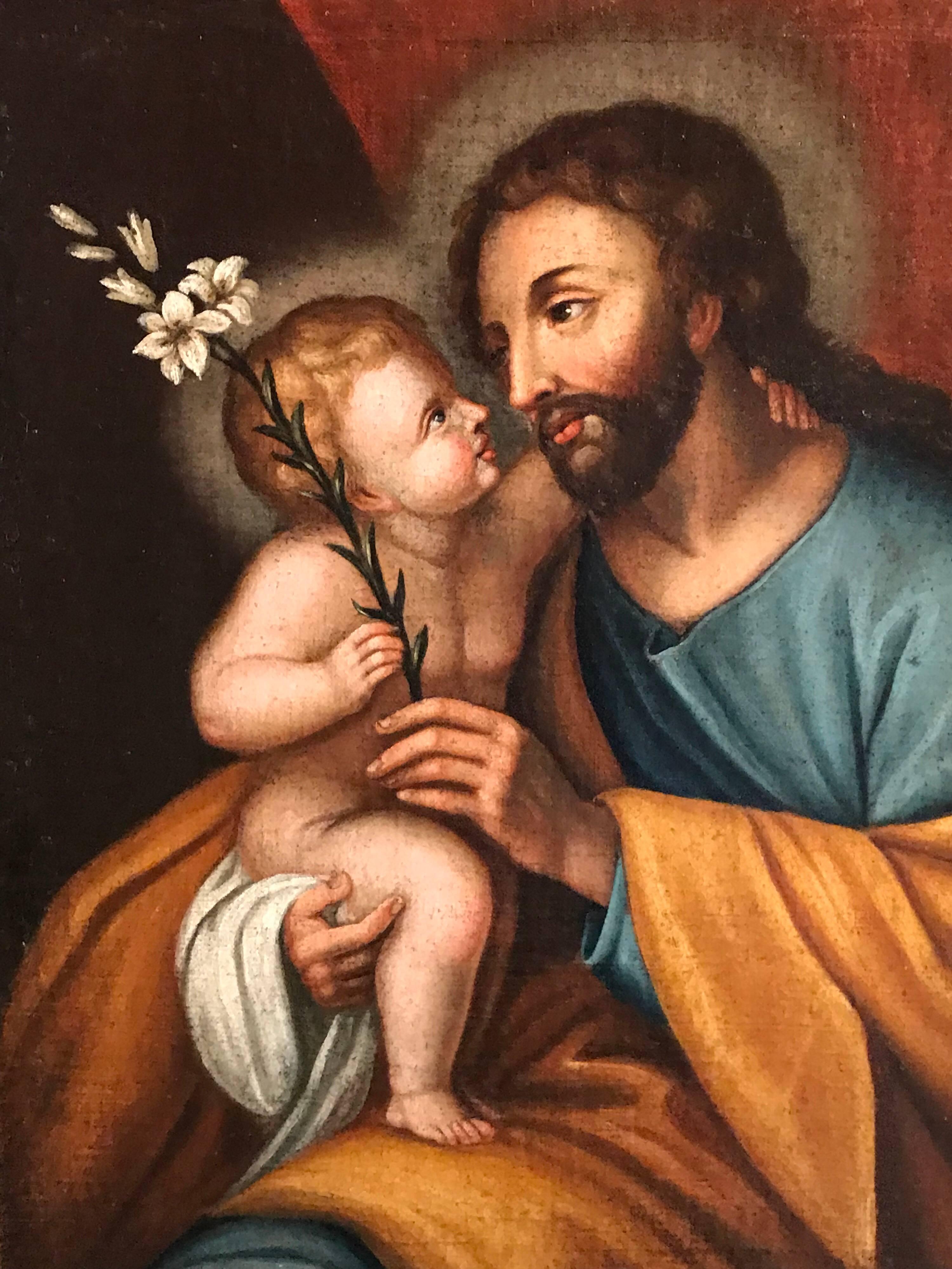 Joseph & Infant Christ Child, 17th century Old Master oil painting - Brown Portrait Painting by Unknown