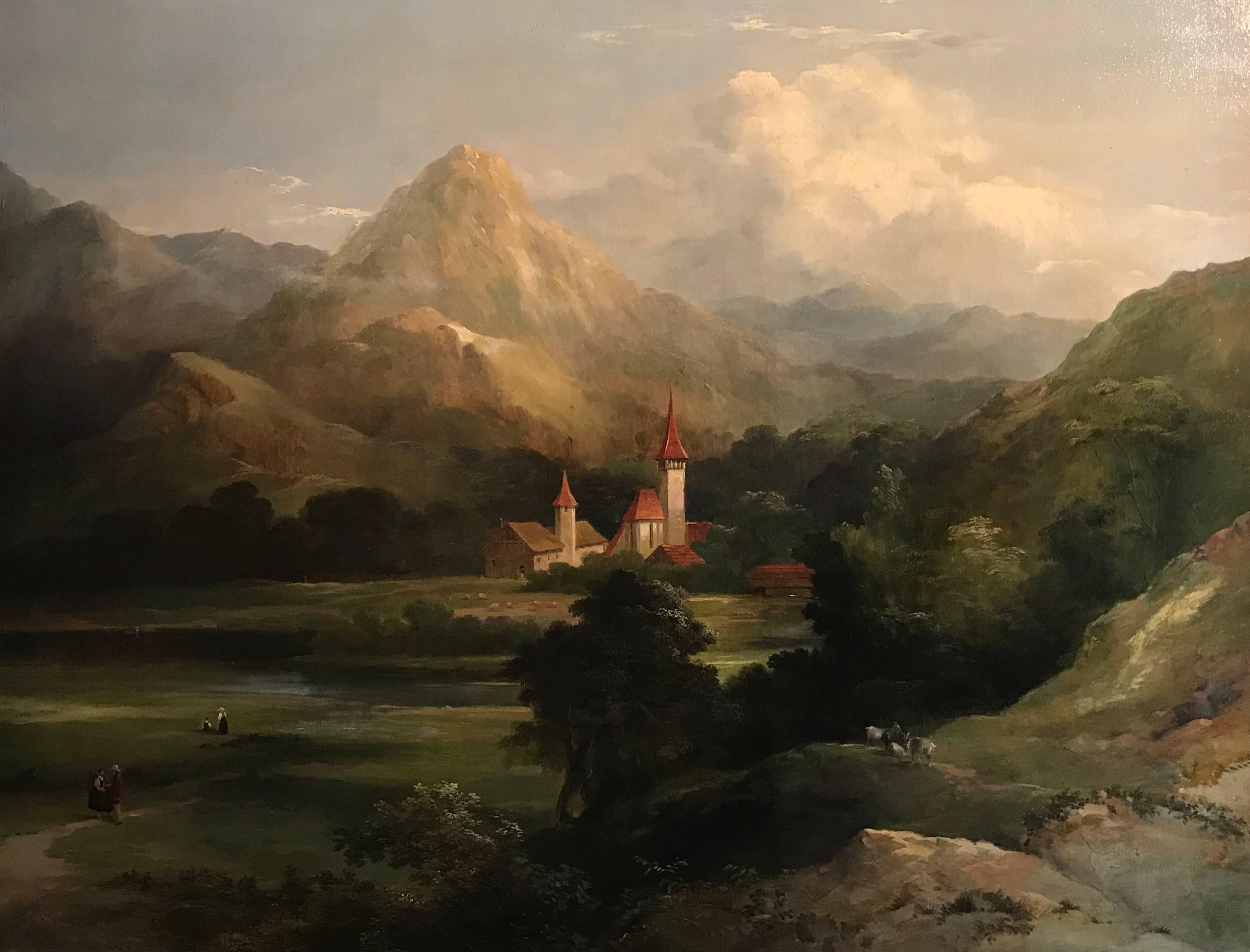 Unknown Landscape Painting - Huge 19th Century Mountainous Landscape Valley Oil Painting