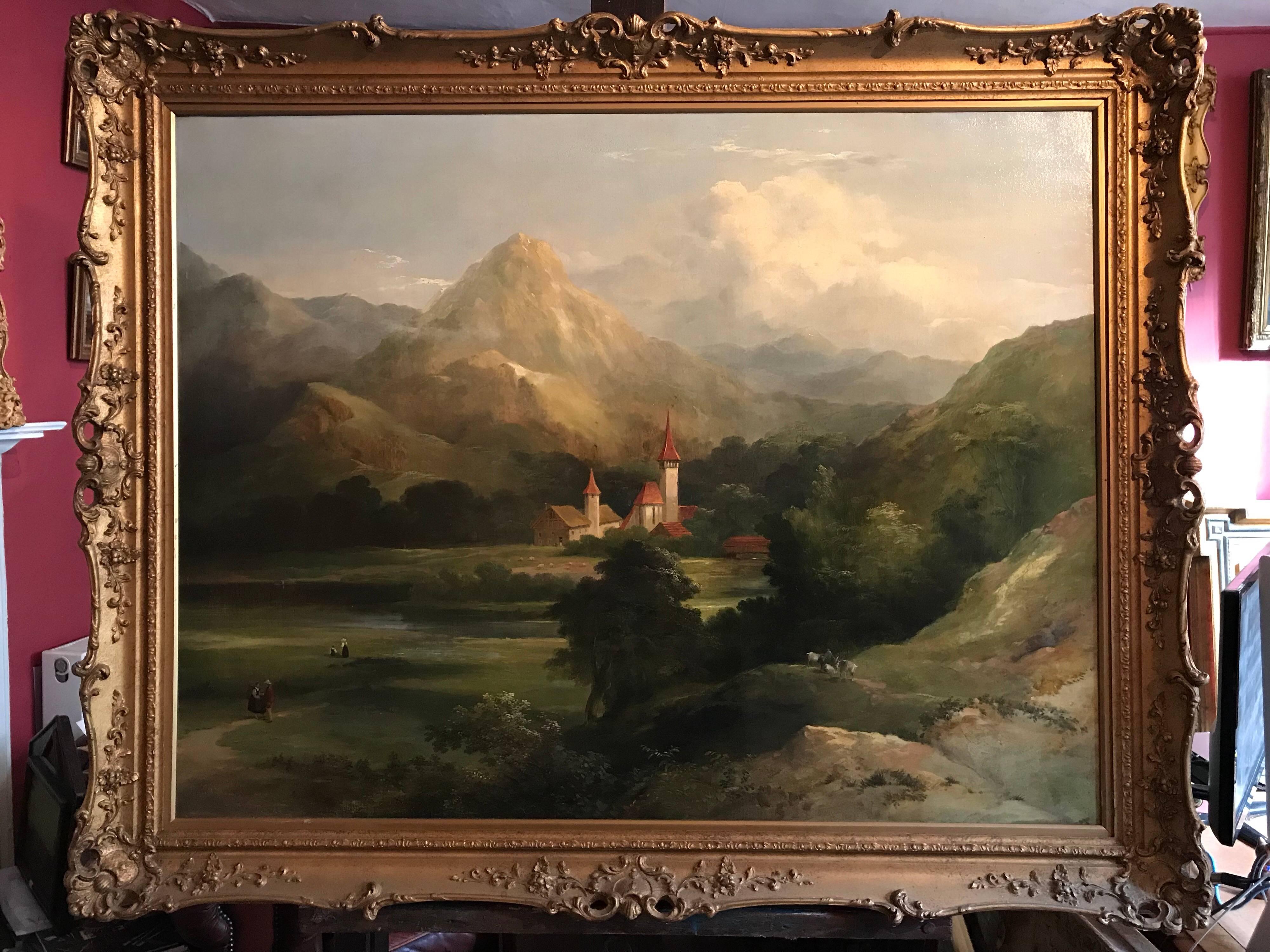 Huge 19th Century Mountainous Landscape Valley Oil Painting - Black Landscape Painting by Unknown