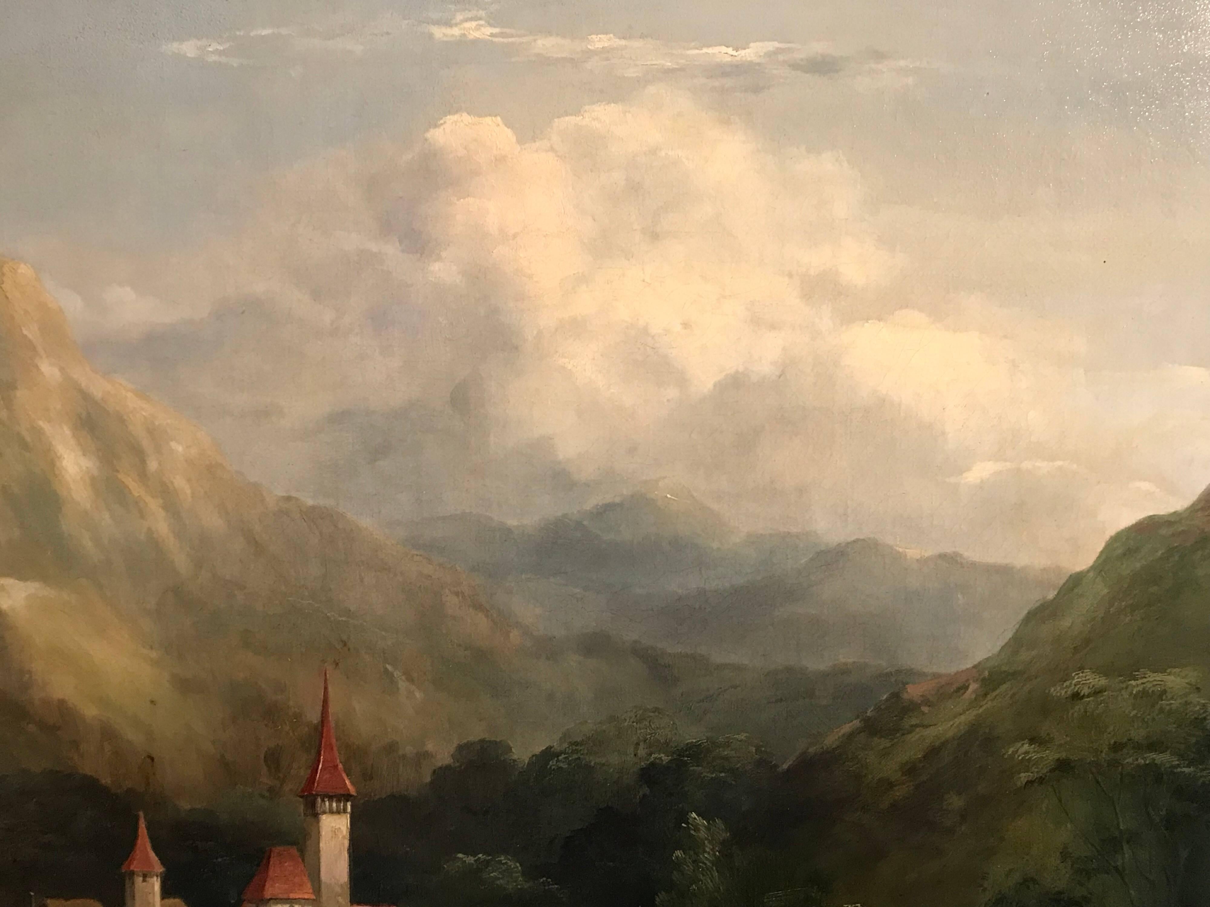 The Bavarian Landscape
German School, 19th century
oil painting on canvas, framed

framed size: 33 x 41 inches

Finely painted, very large scale original German oil painting on canvas, depicting this mountainous valley, with ancient buildings,