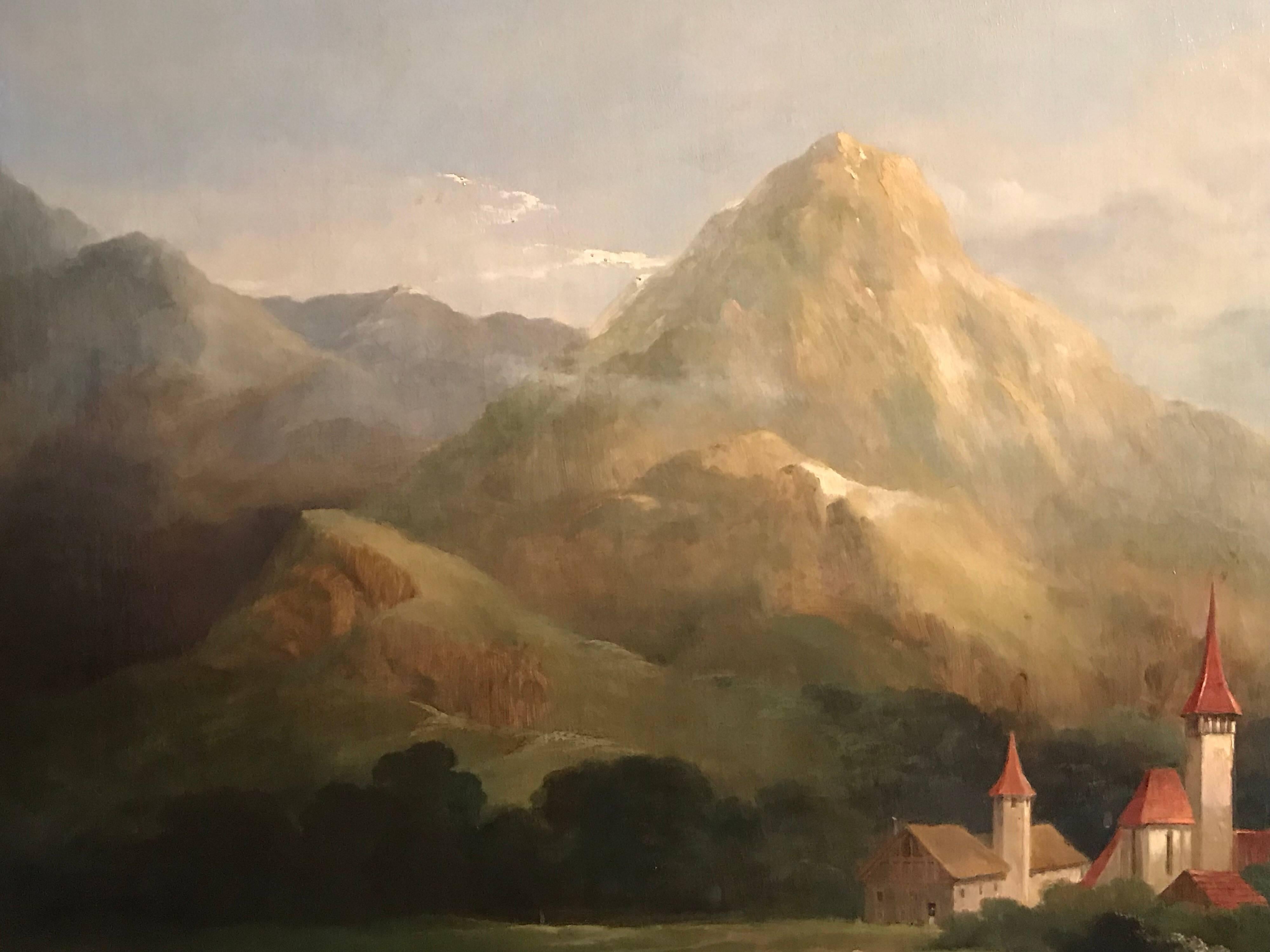 Huge 19th Century Mountainous Landscape Valley Oil Painting 1