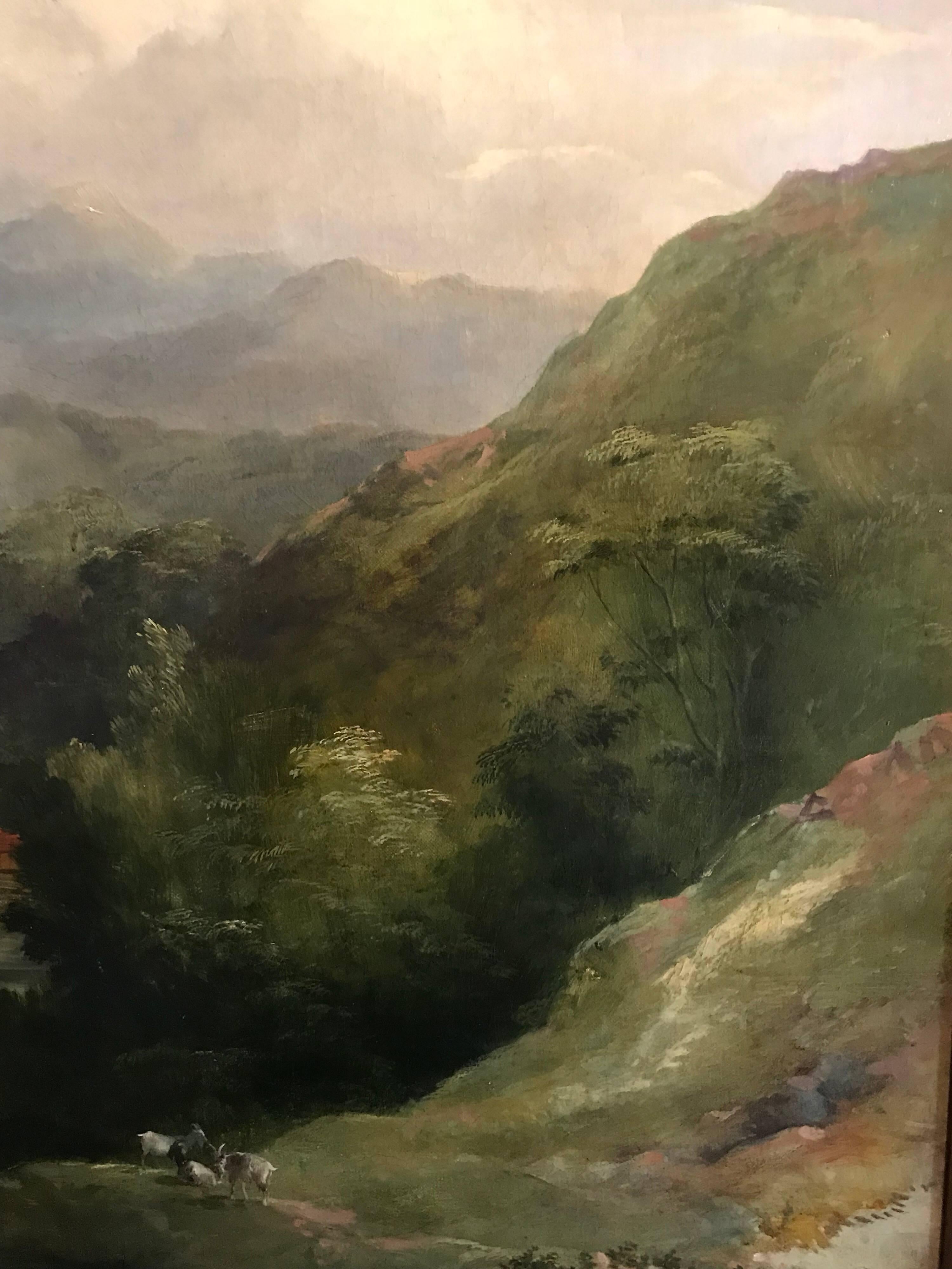 Huge 19th Century Mountainous Landscape Valley Oil Painting 5