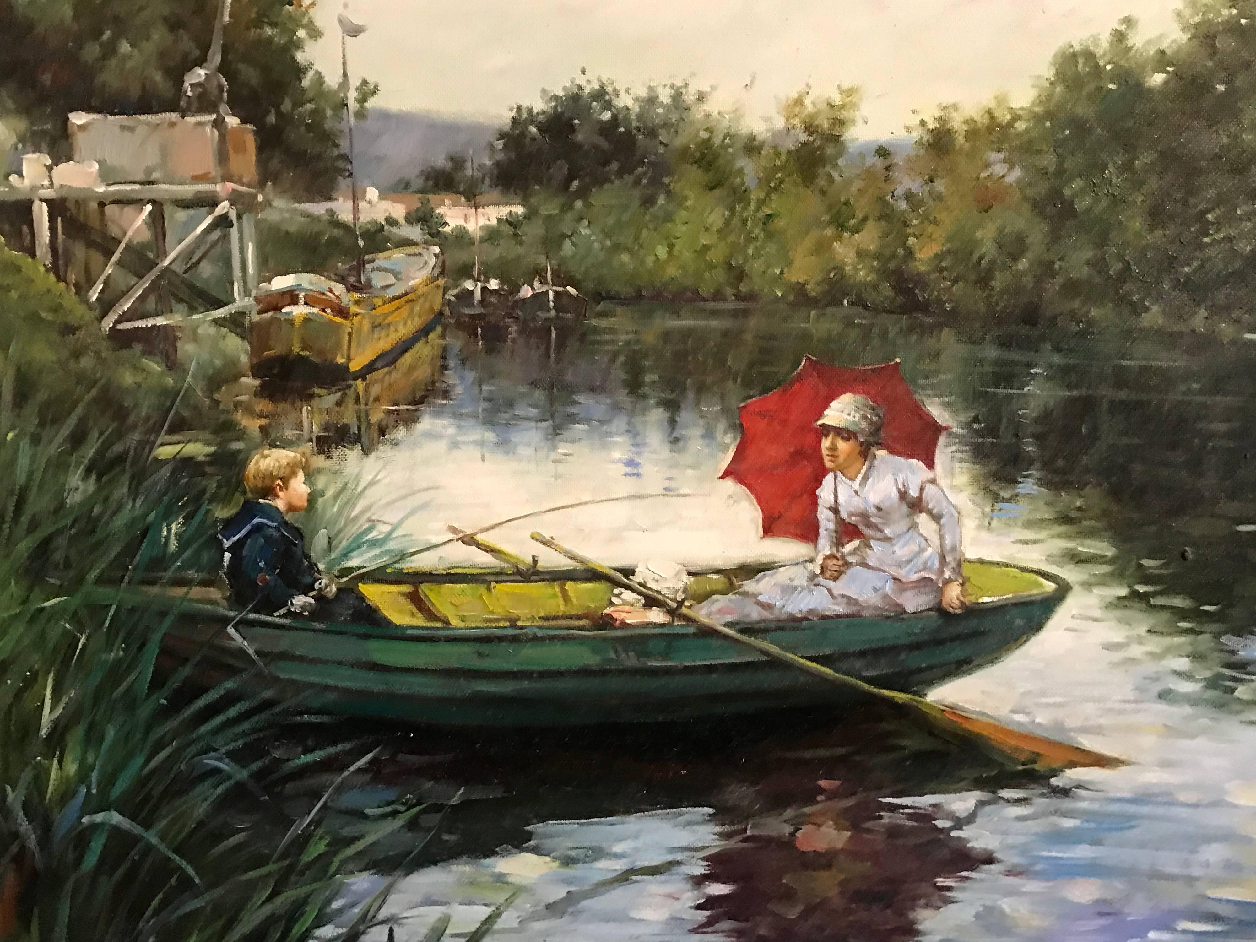 Unknown Landscape Painting - Punting on the River, large oil painting on canvas