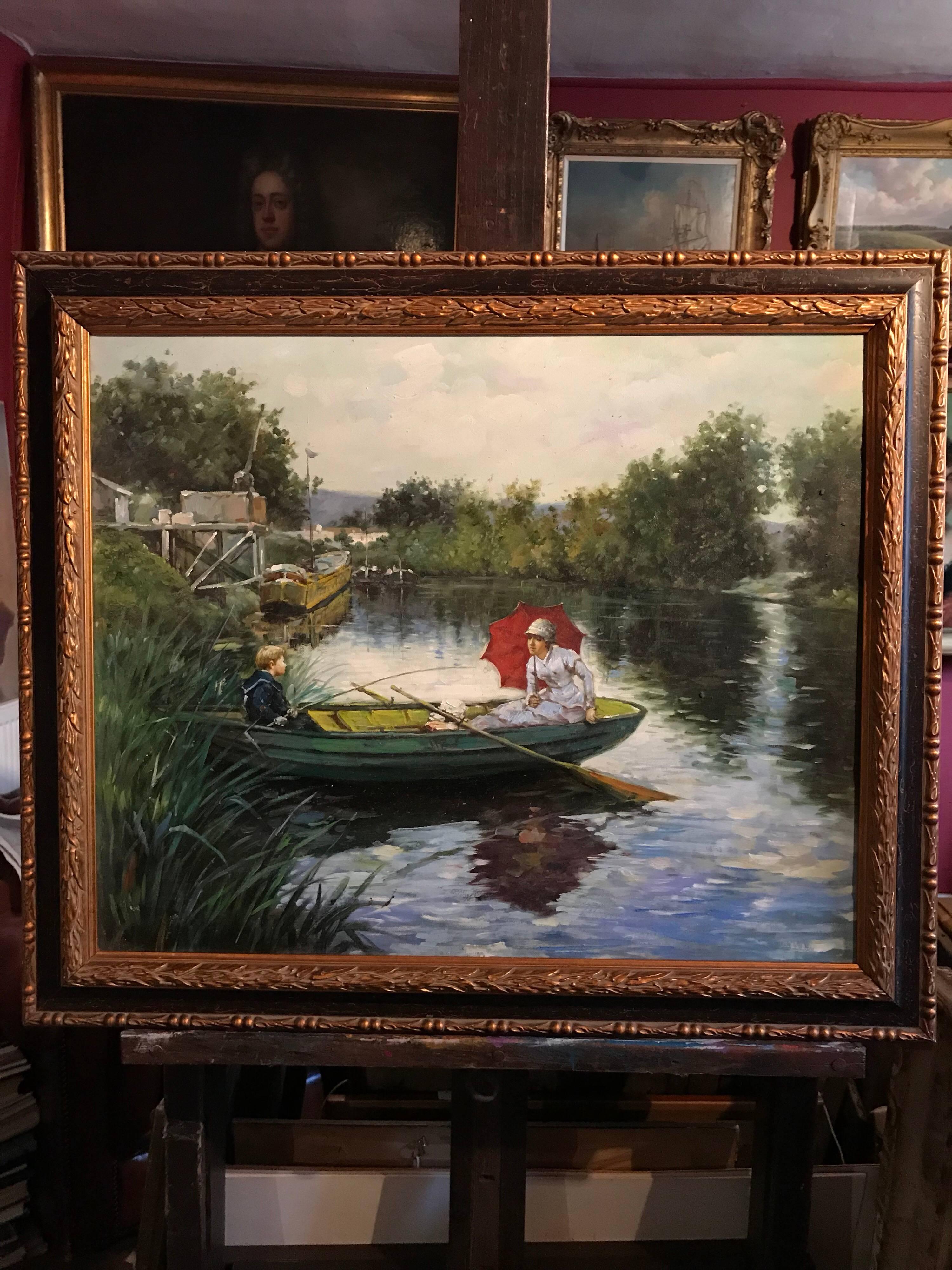 Punting on the River, large oil painting on canvas - Painting by Unknown