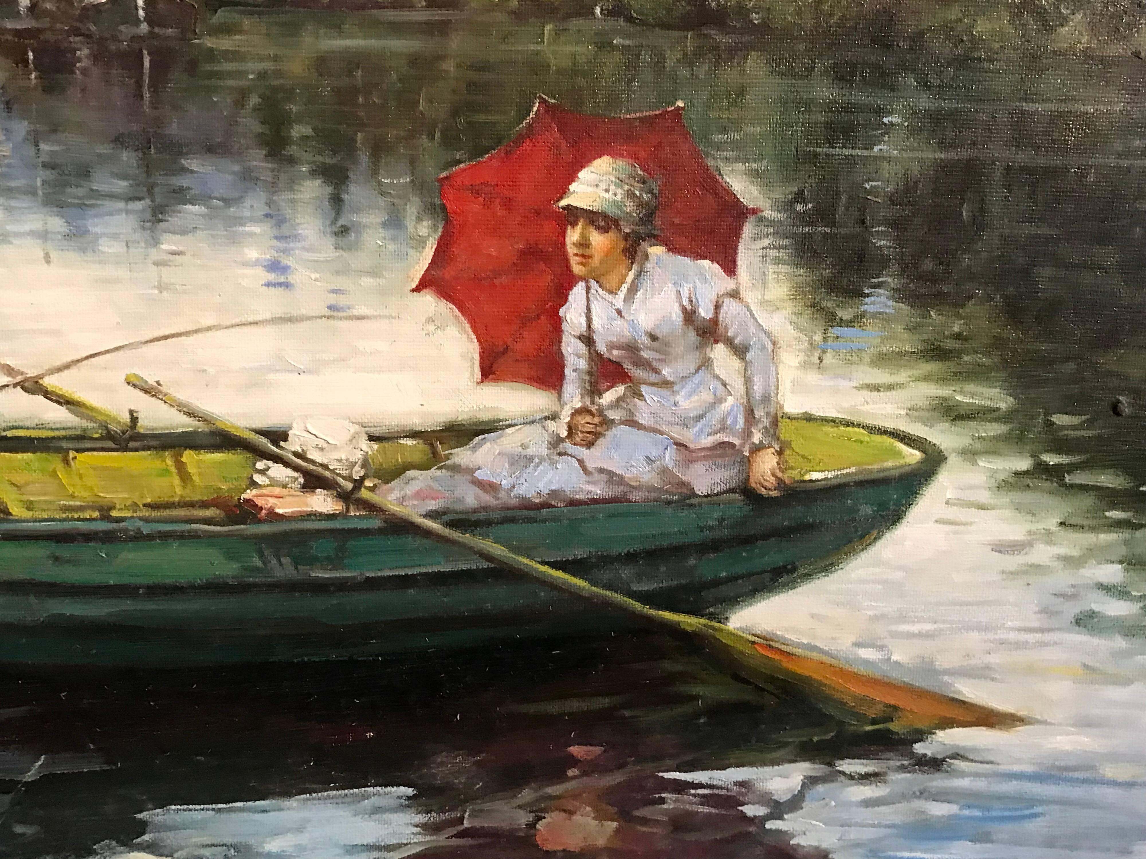 Punting on the River, large oil painting on canvas - Impressionist Painting by Unknown