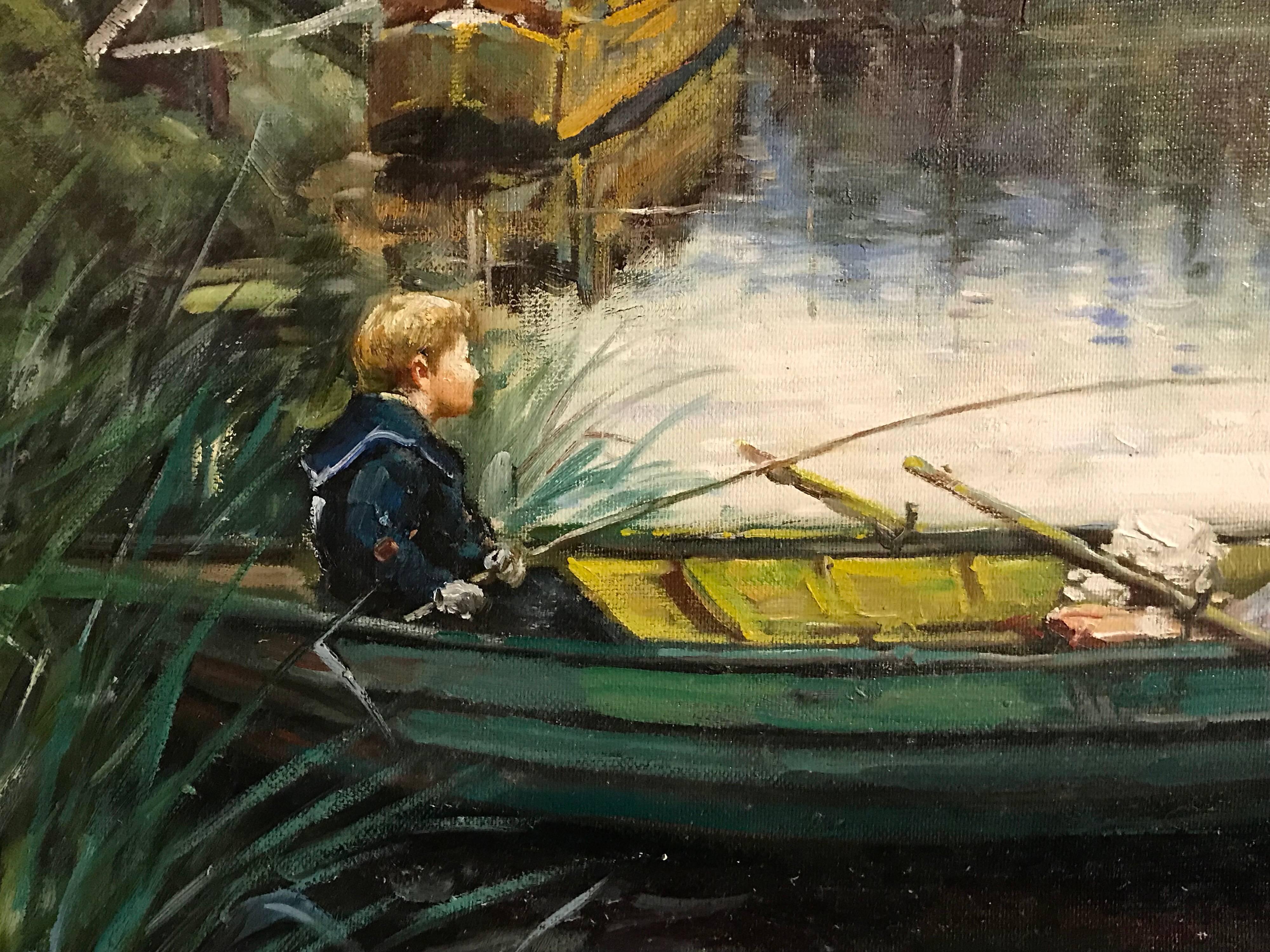 Punting on the River, large oil painting on canvas - Black Landscape Painting by Unknown