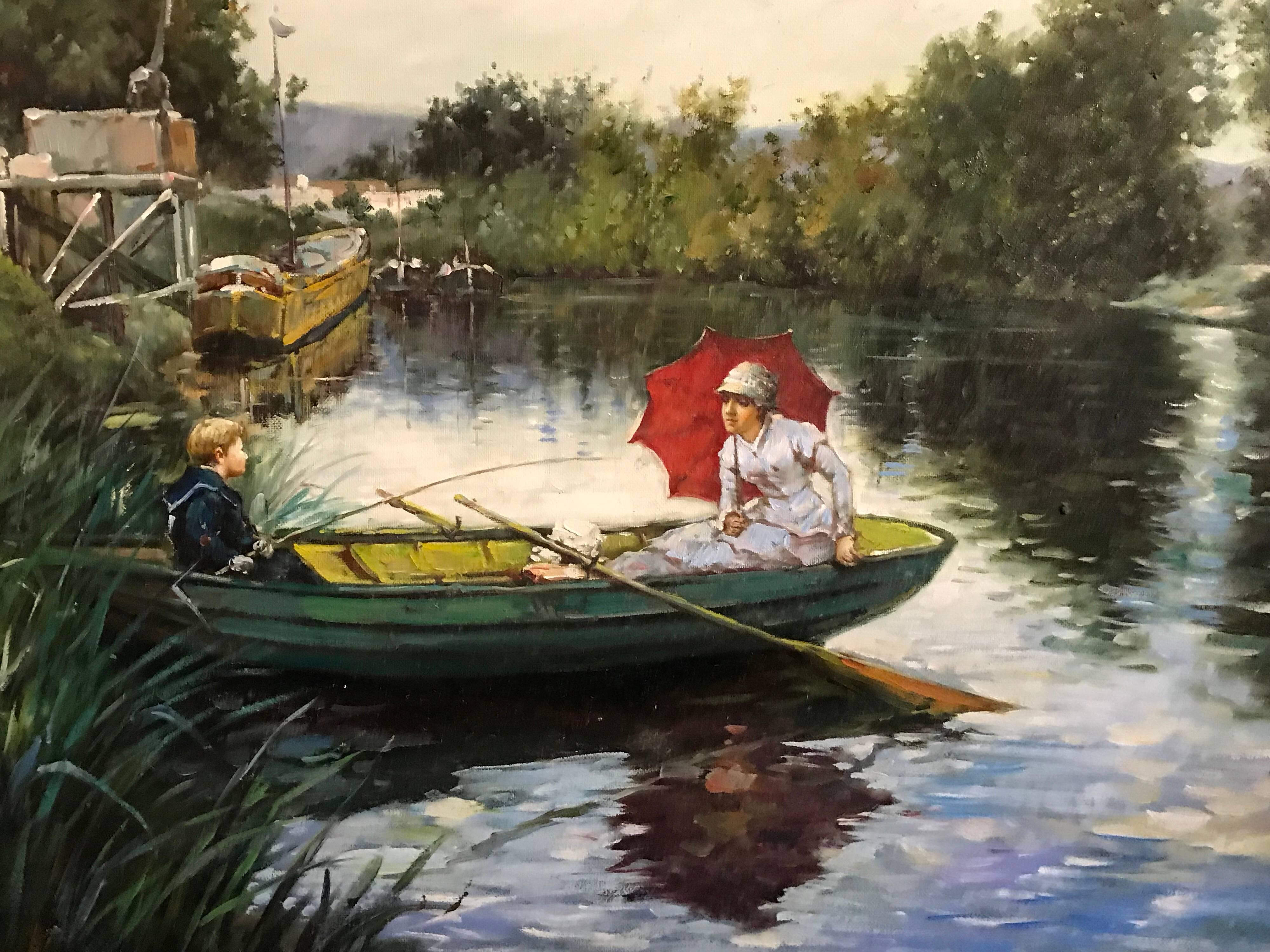 Punting on the River, large oil painting on canvas 1