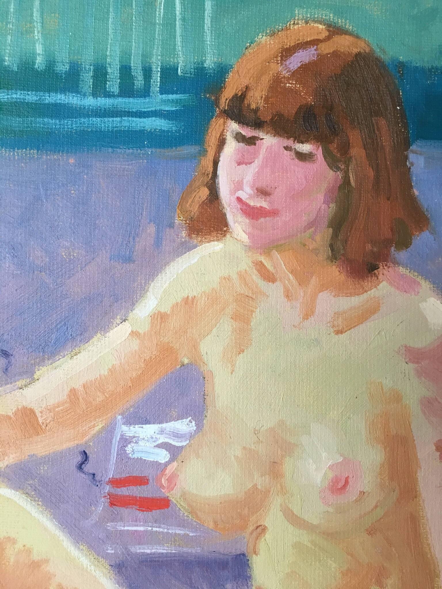 Portrait de nu occasionnel, peinture à l'huile impressionniste britannique  - Beige Nude Painting par J.B. Holmes