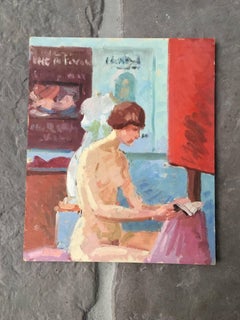 Studio Model Posing Whilst Reading, Nude Oil Painting