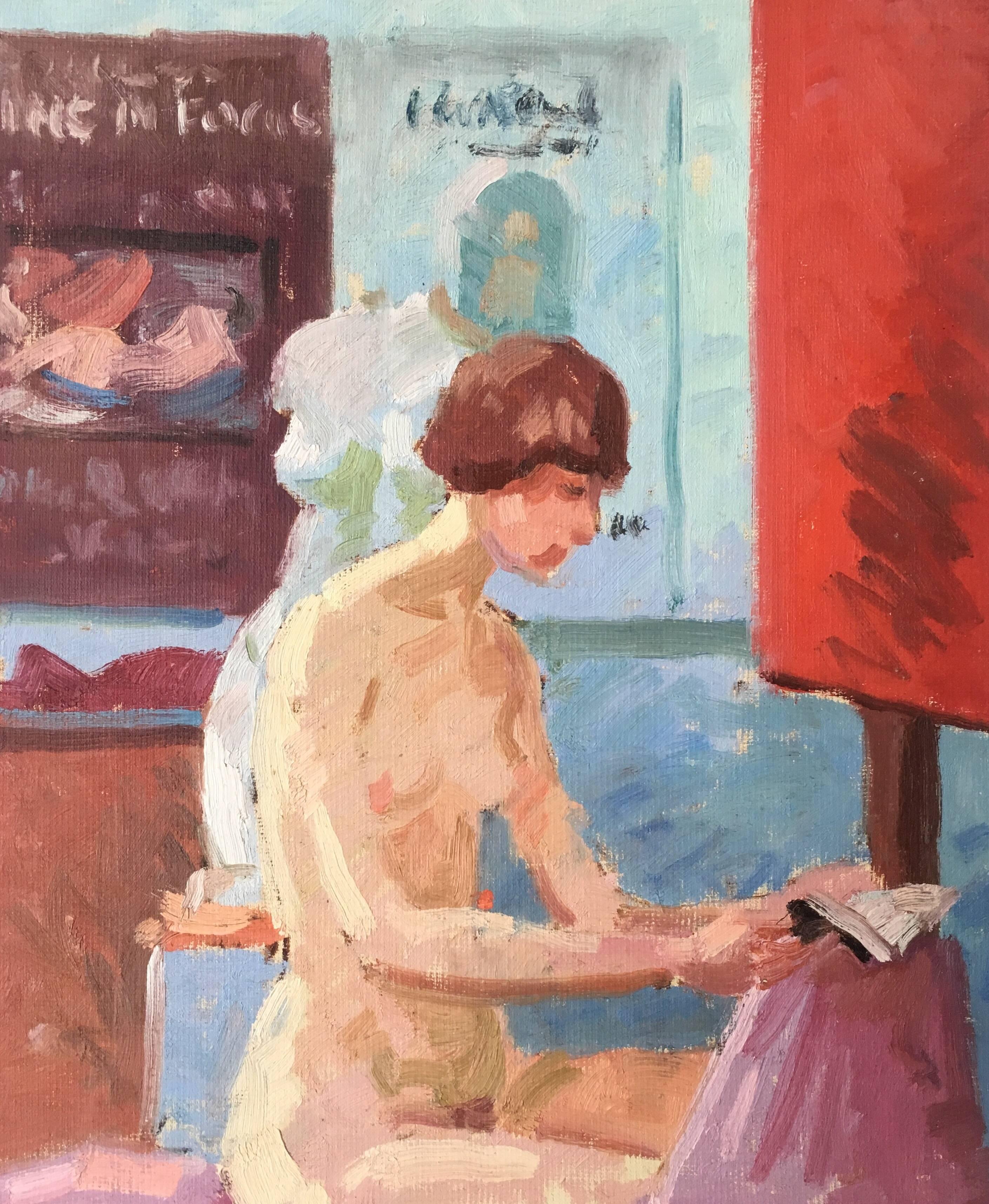Studio Model Posing Whilst Reading, Nude Oil Painting 
